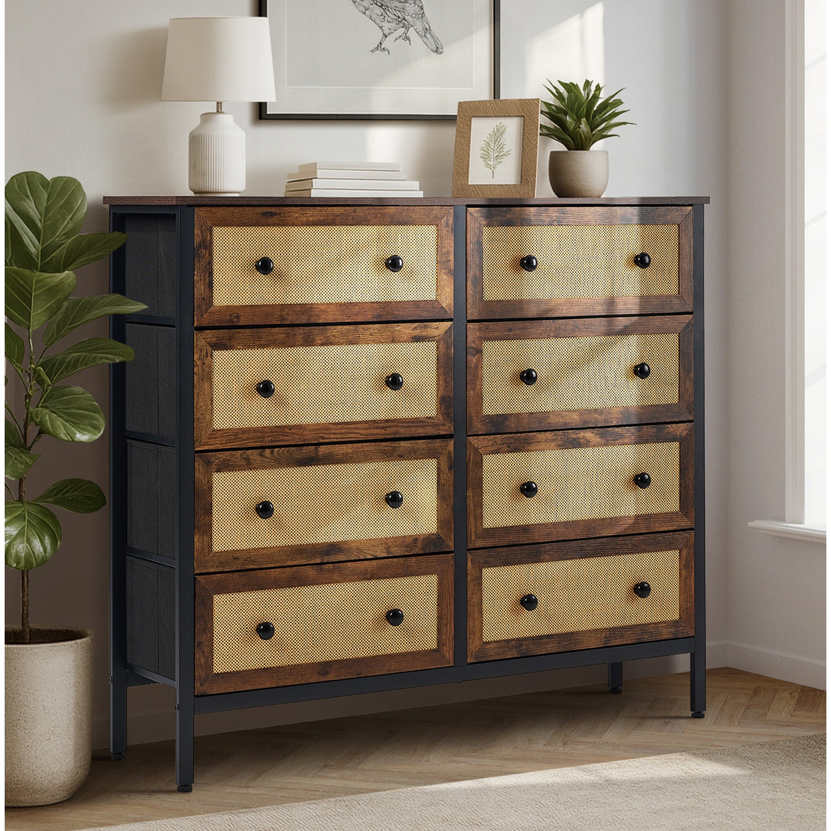 Oikiture 8 Chest of Drawers Storage Cabinet Rattan Fabric Dresser Tallboy - Sunyee
