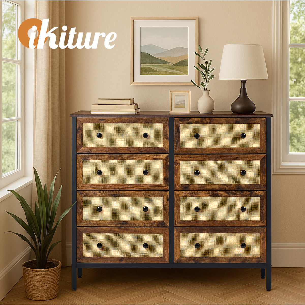 Oikiture 8 Chest of Drawers Storage Cabinet Rattan Fabric Dresser Tallboy - Sunyee