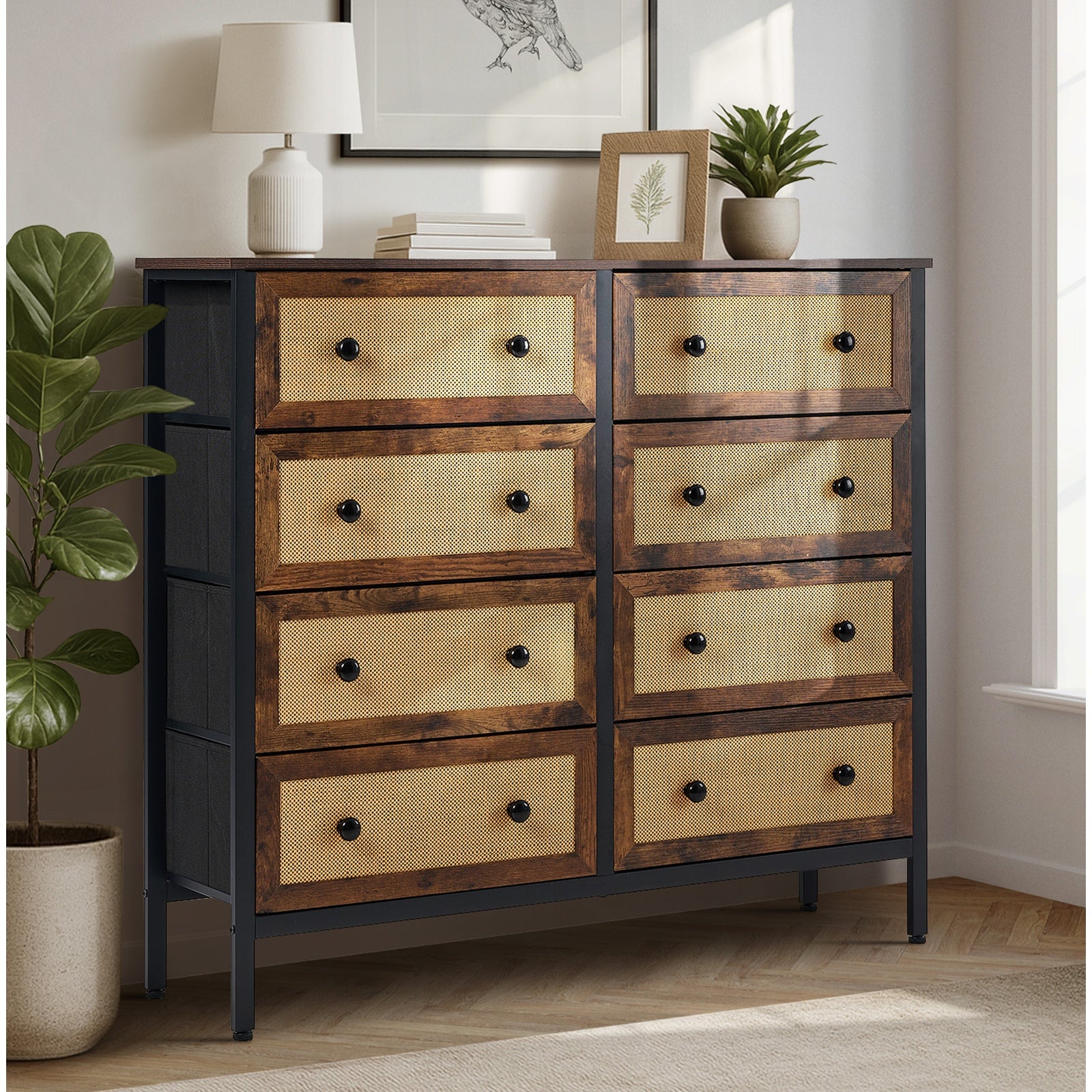 Oikiture Chest of Drawers Rattan Storage Cabinet Bedroom Dresser Tallboy - Sunyee