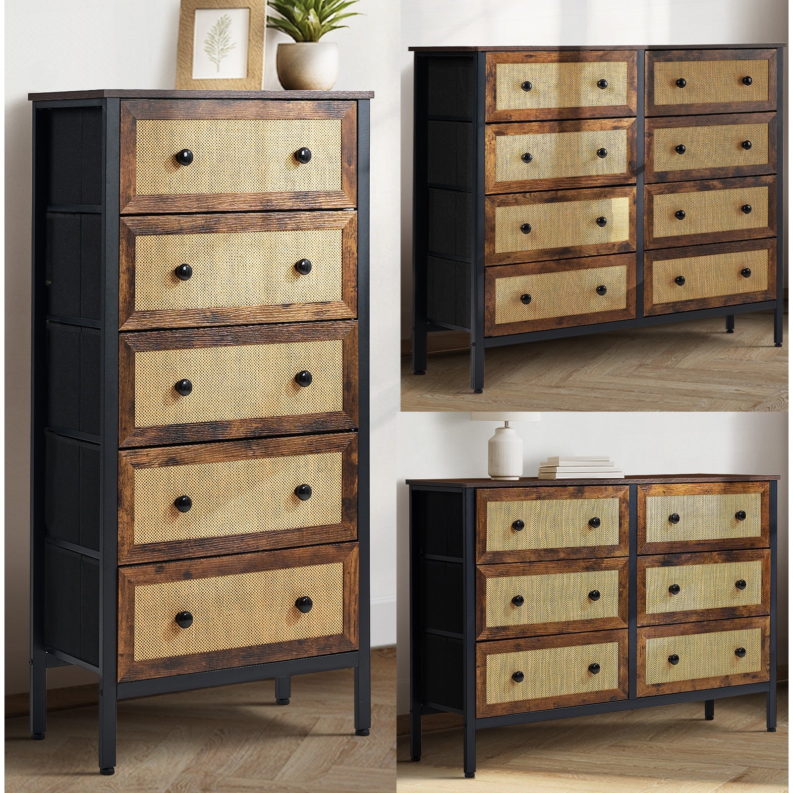 Oikiture Chest of Drawers Rattan Storage Cabinet Bedroom Dresser Tallboy - Sunyee