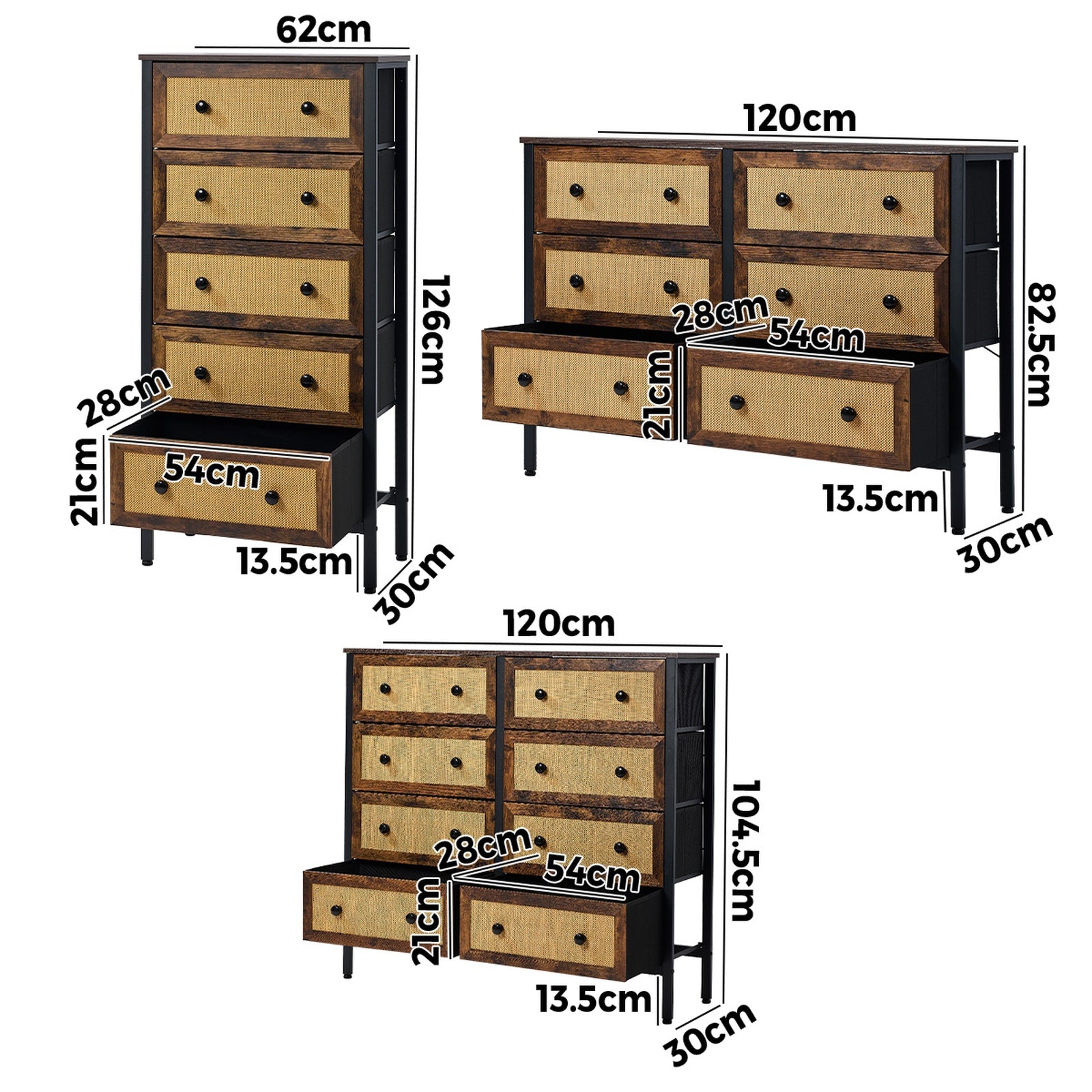 Oikiture Chest of Drawers Rattan Storage Cabinet Bedroom Dresser Tallboy - Sunyee