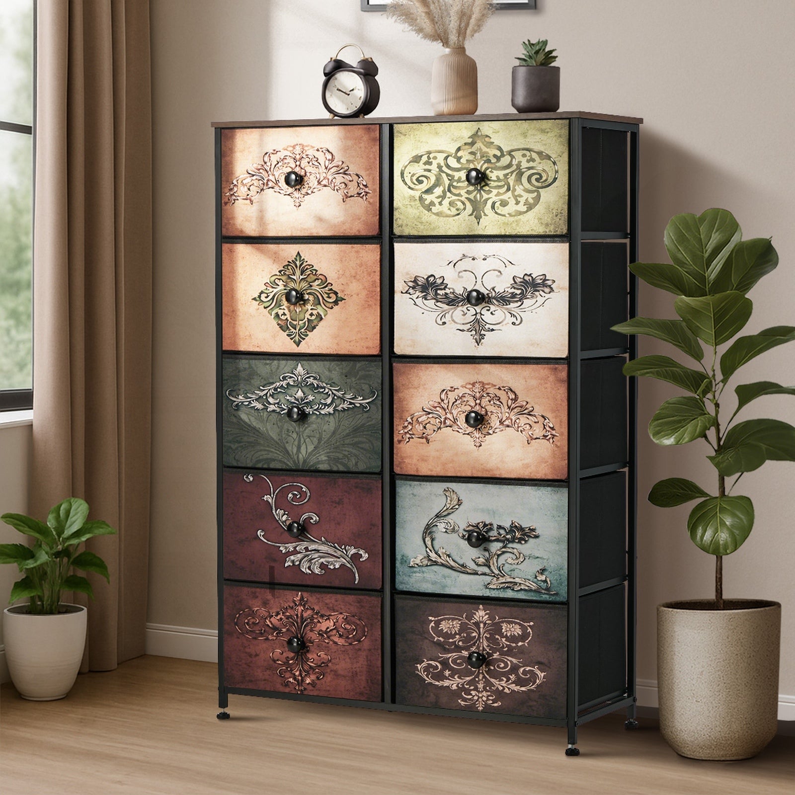 Oikiture 10 Chest Of Drawers Retro Tallboy Printed Foldable Fabric Drawers