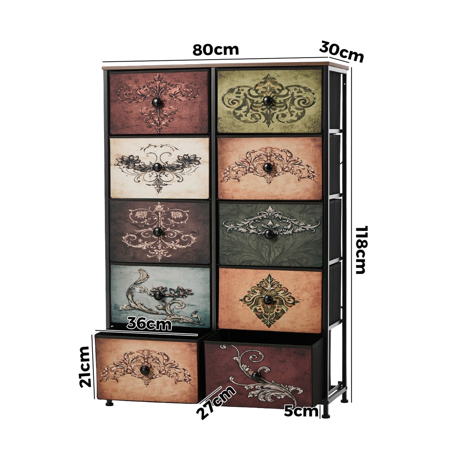 Oikiture 10 Chest Of Drawers Retro Tallboy Printed Foldable Fabric Drawers