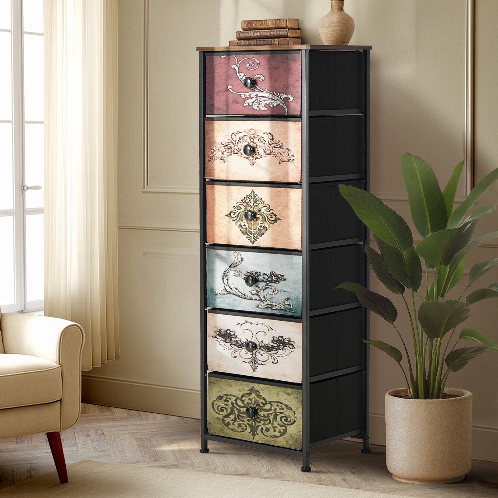 Oikiture 6 Chest Of Drawers Retro Tallboy Printed Foldable Fabric Drawers