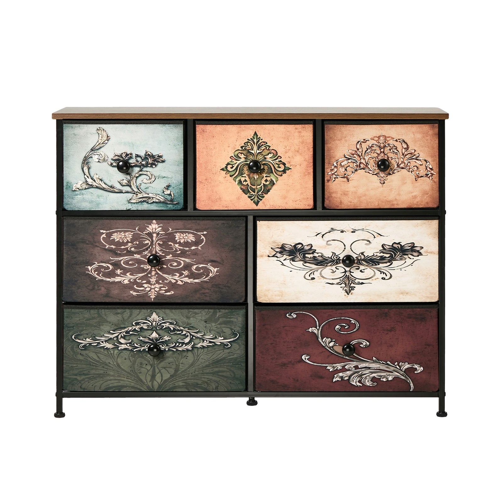 Oikiture 7 Chest Of Drawers Retro Tallboy Printed Foldable Fabric Drawers