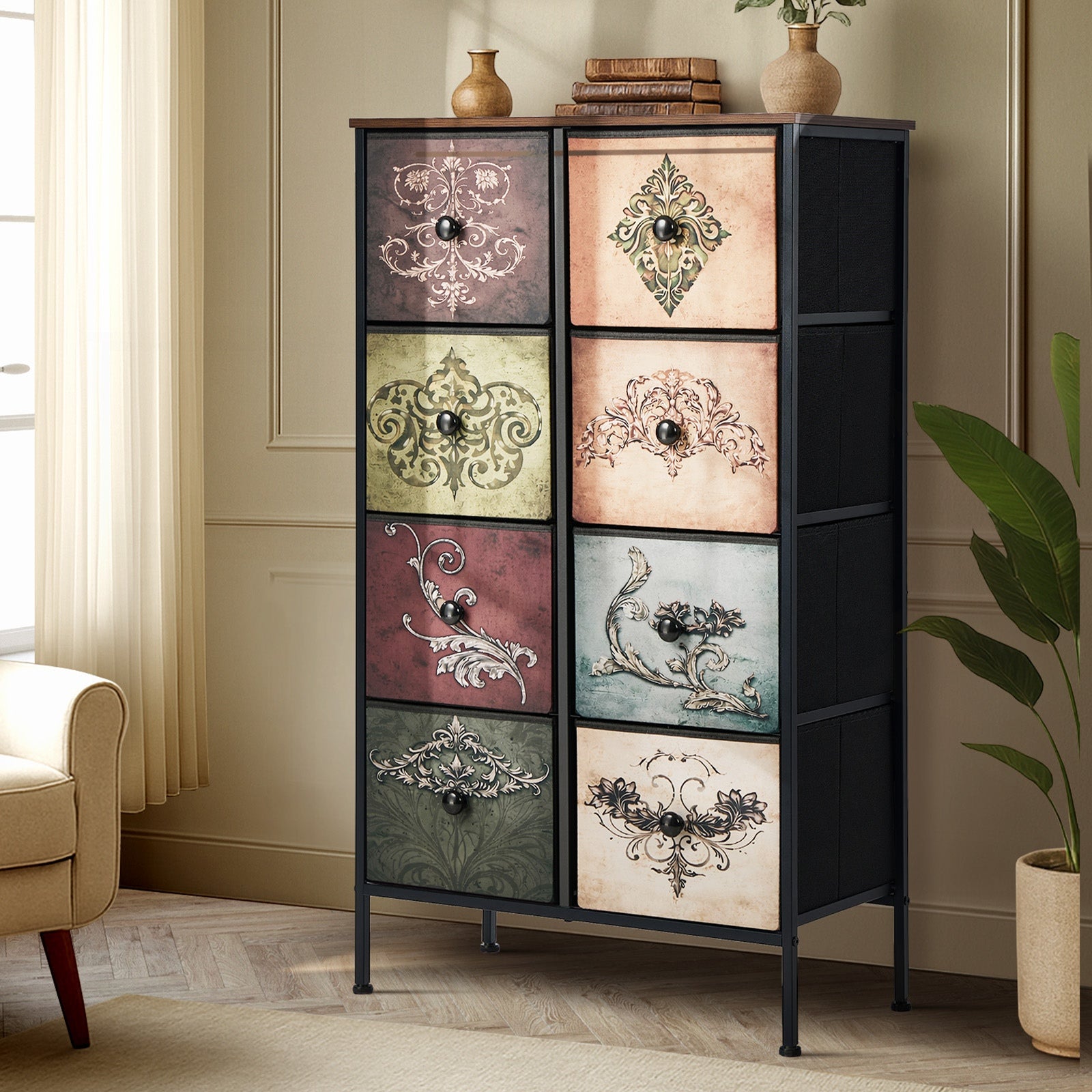 Oikiture 8 Chest Of Drawers Retro Tallboy Printed Foldable Fabric Drawers