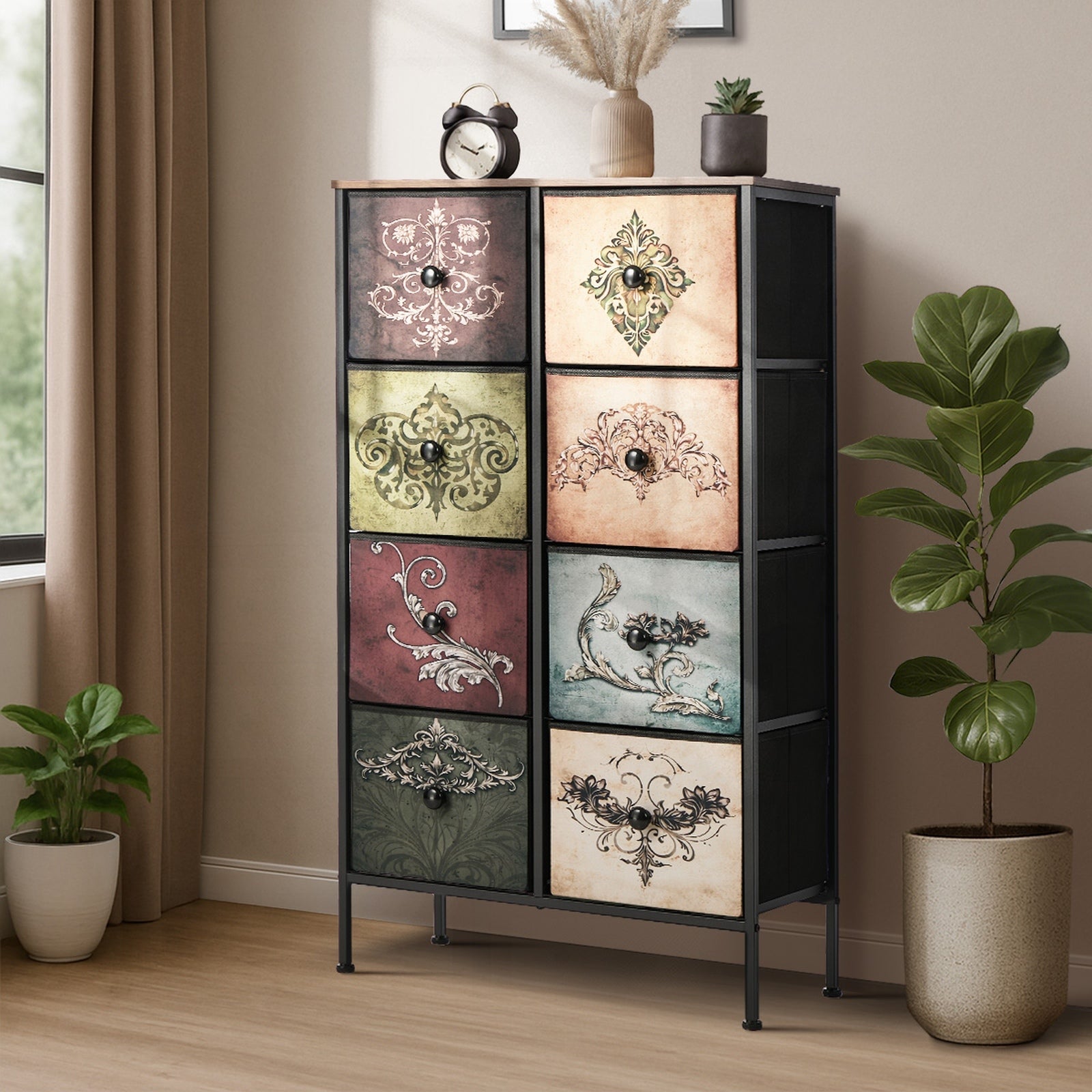 Oikiture 8 Chest Of Drawers Retro Tallboy Printed Foldable Fabric Drawers