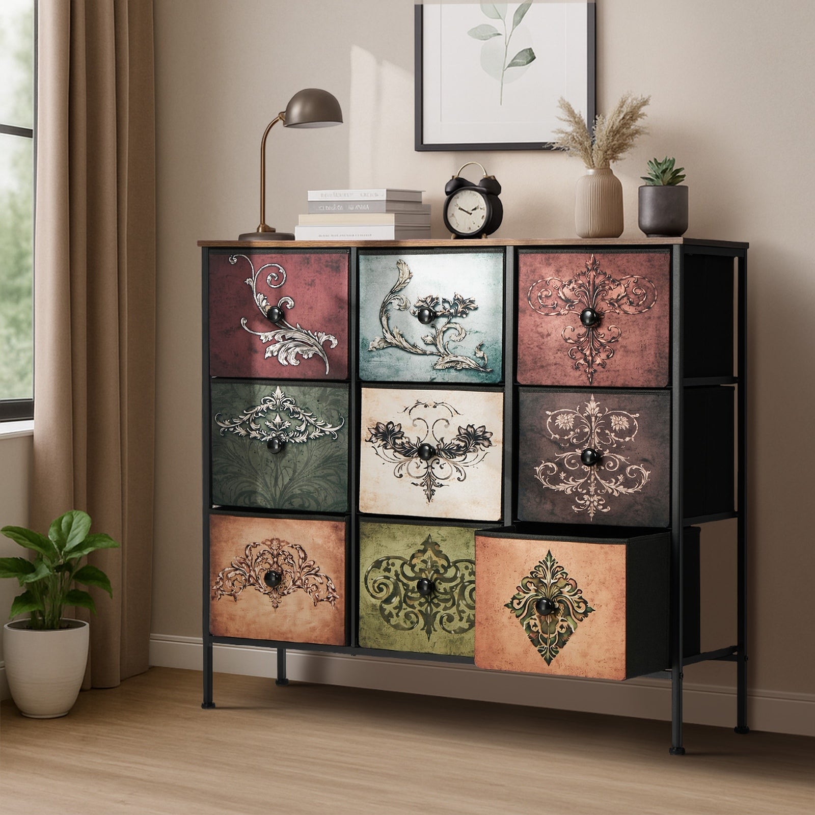 Oikiture 9 Chest Of Drawers Retro Tallboy Printed Foldable Fabric Drawers