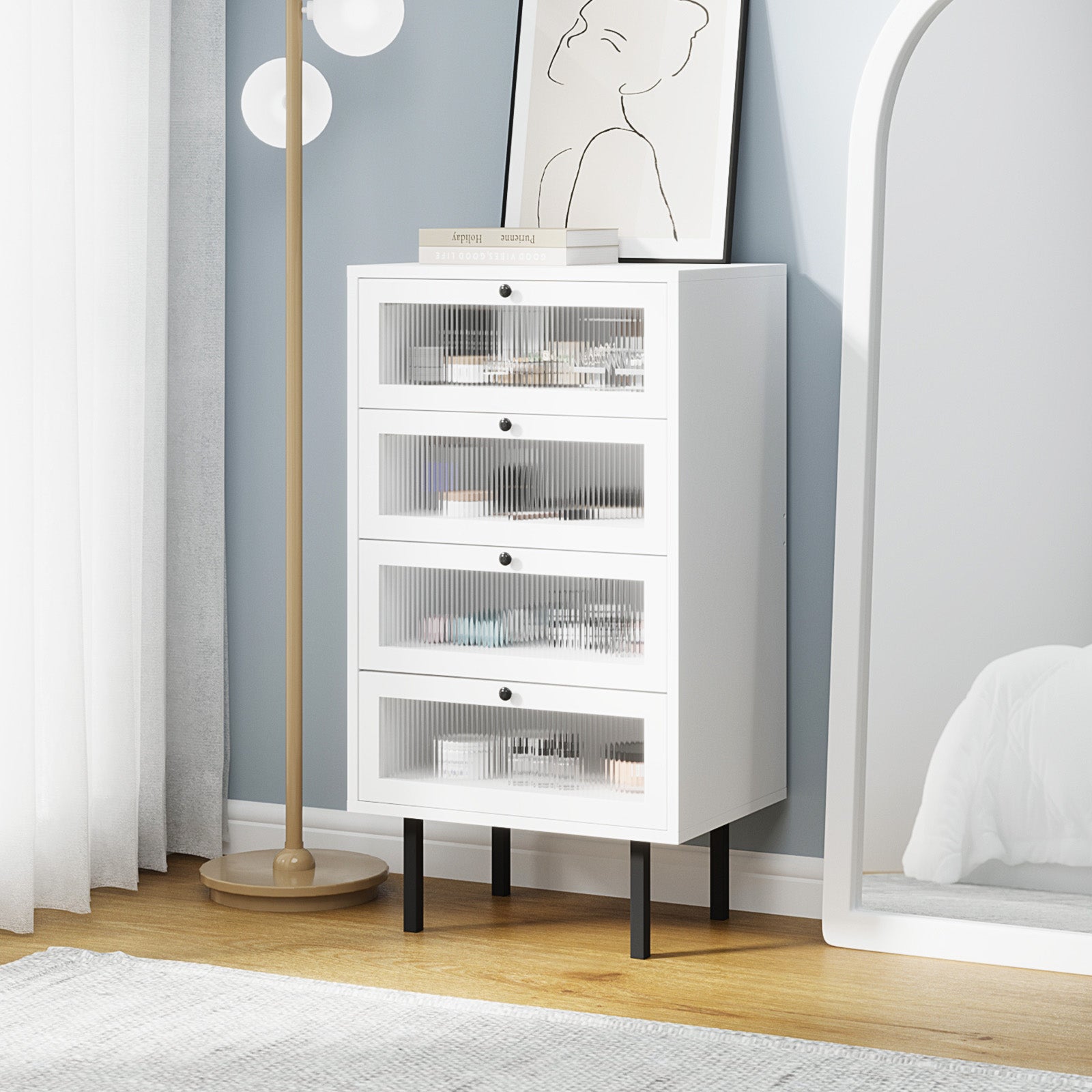 Oikiture 4 Chest of Drawers Tallboy Dresser Storage Cabinet Sideboard White - Sunyee