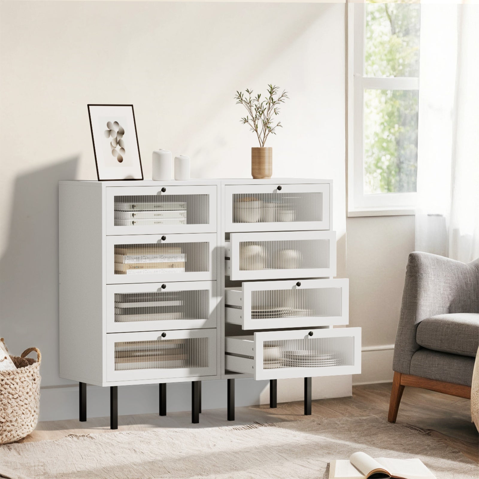 Oikiture 4 Chest of Drawers Tallboy Dresser Storage Cabinet White Set of 2 - Sunyee