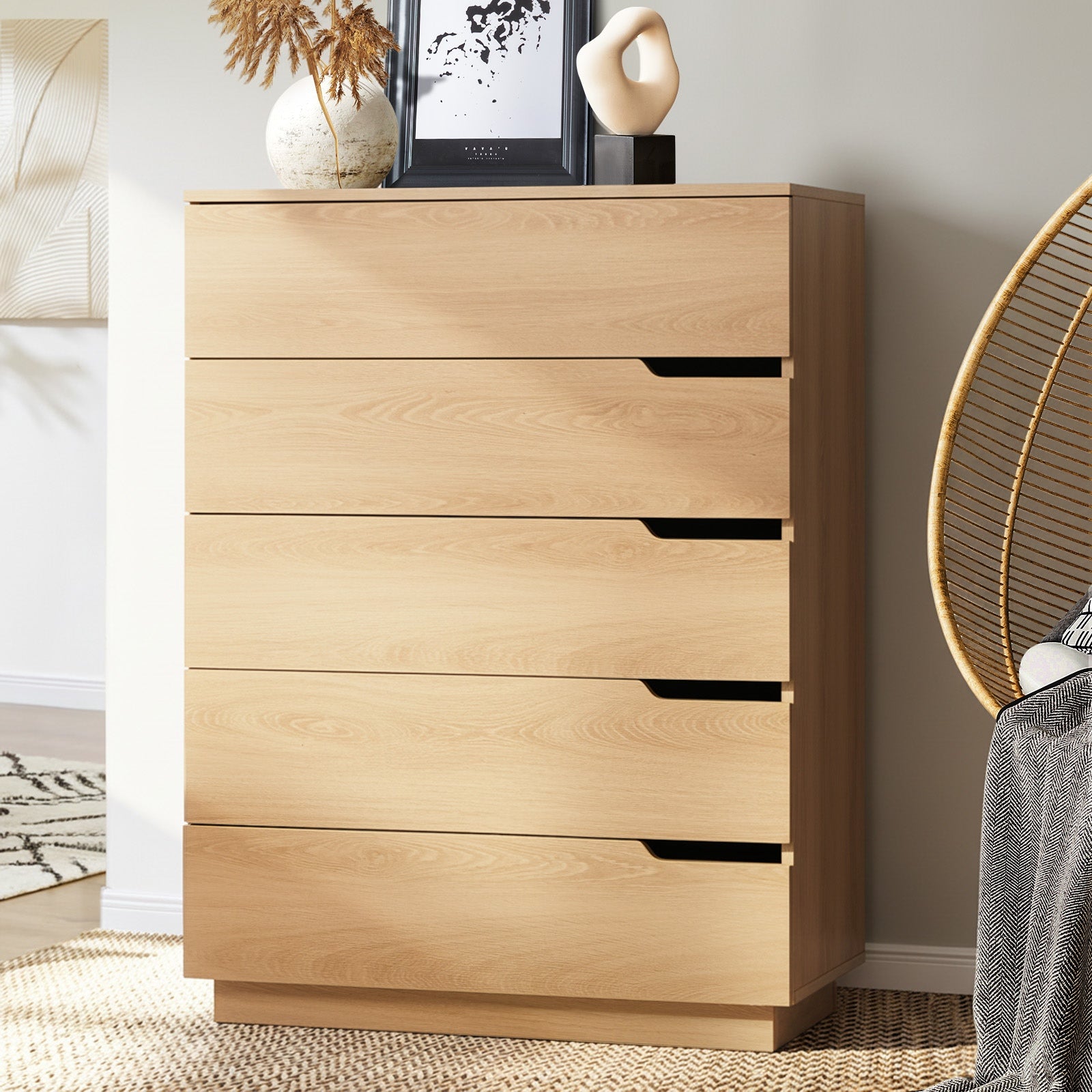 Oikiture 5 Chest of Drawers Dresser Tallboy Storage Cabinet Bedroom Natural - Sunyee