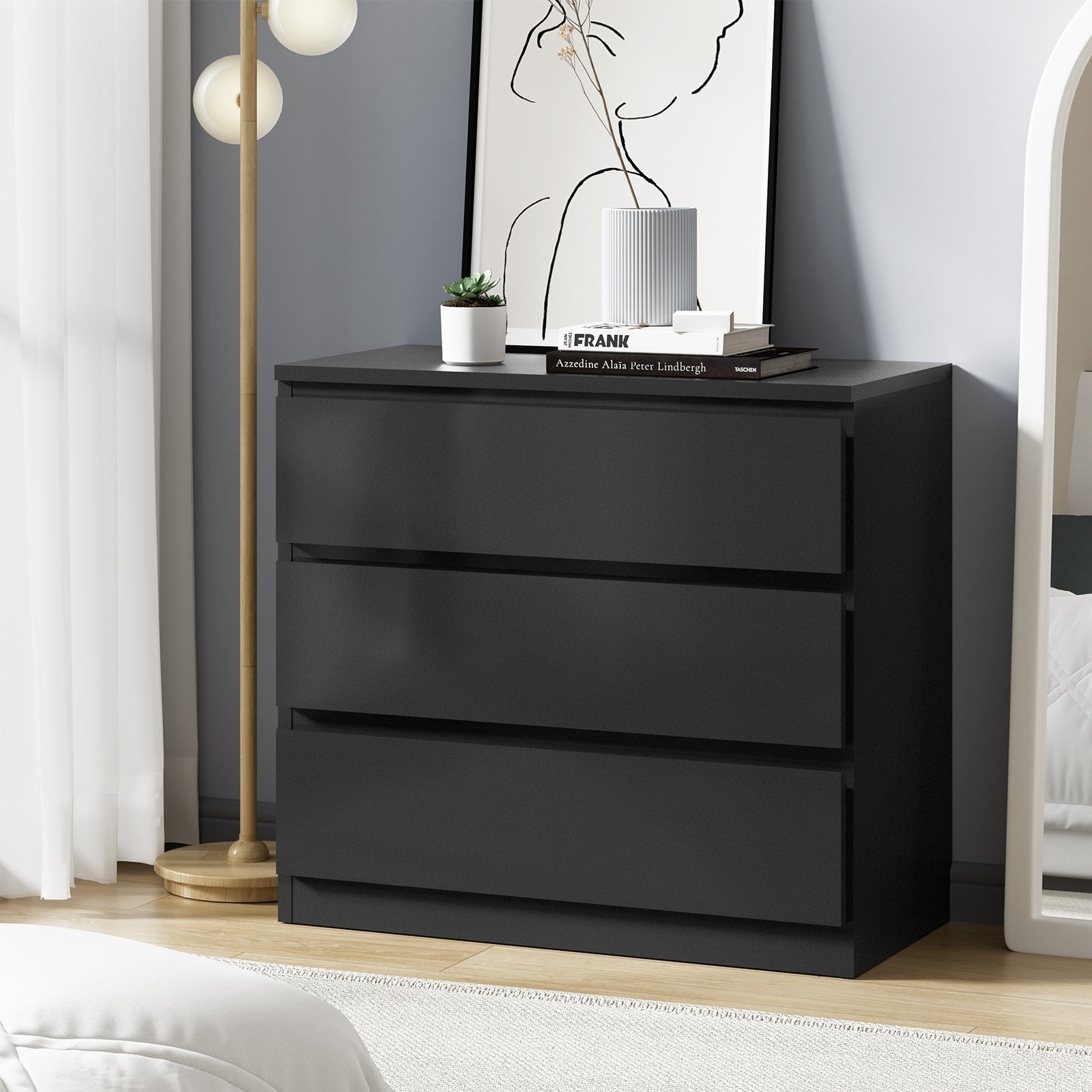 Oikiture 3 Chest of Drawers Lowboy Dresser Table Storage Cabinet Bedroom Black - Sunyee