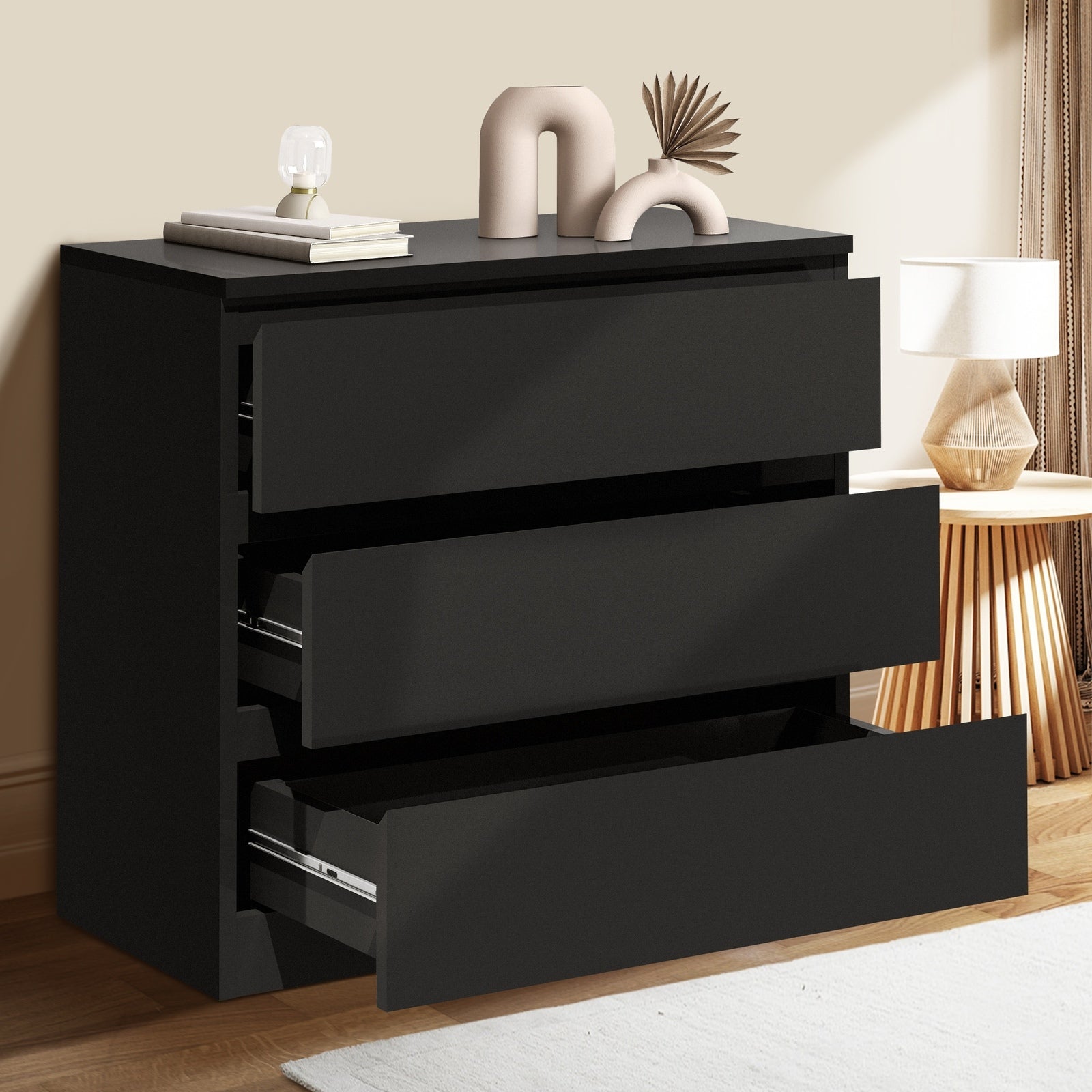 Oikiture 3 Chest of Drawers Lowboy Dresser Table Storage Cabinet Bedroom Black - Sunyee