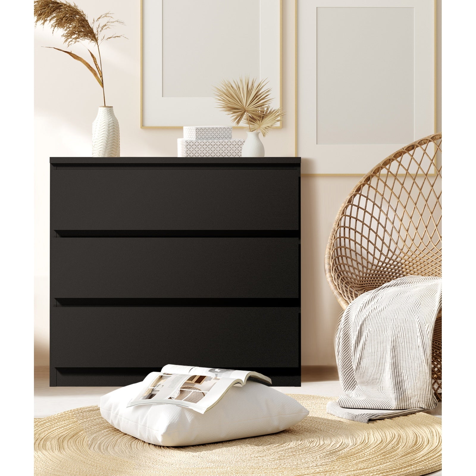 Oikiture 3 Chest of Drawers Lowboy Dresser Table Storage Cabinet Bedroom Black - Sunyee