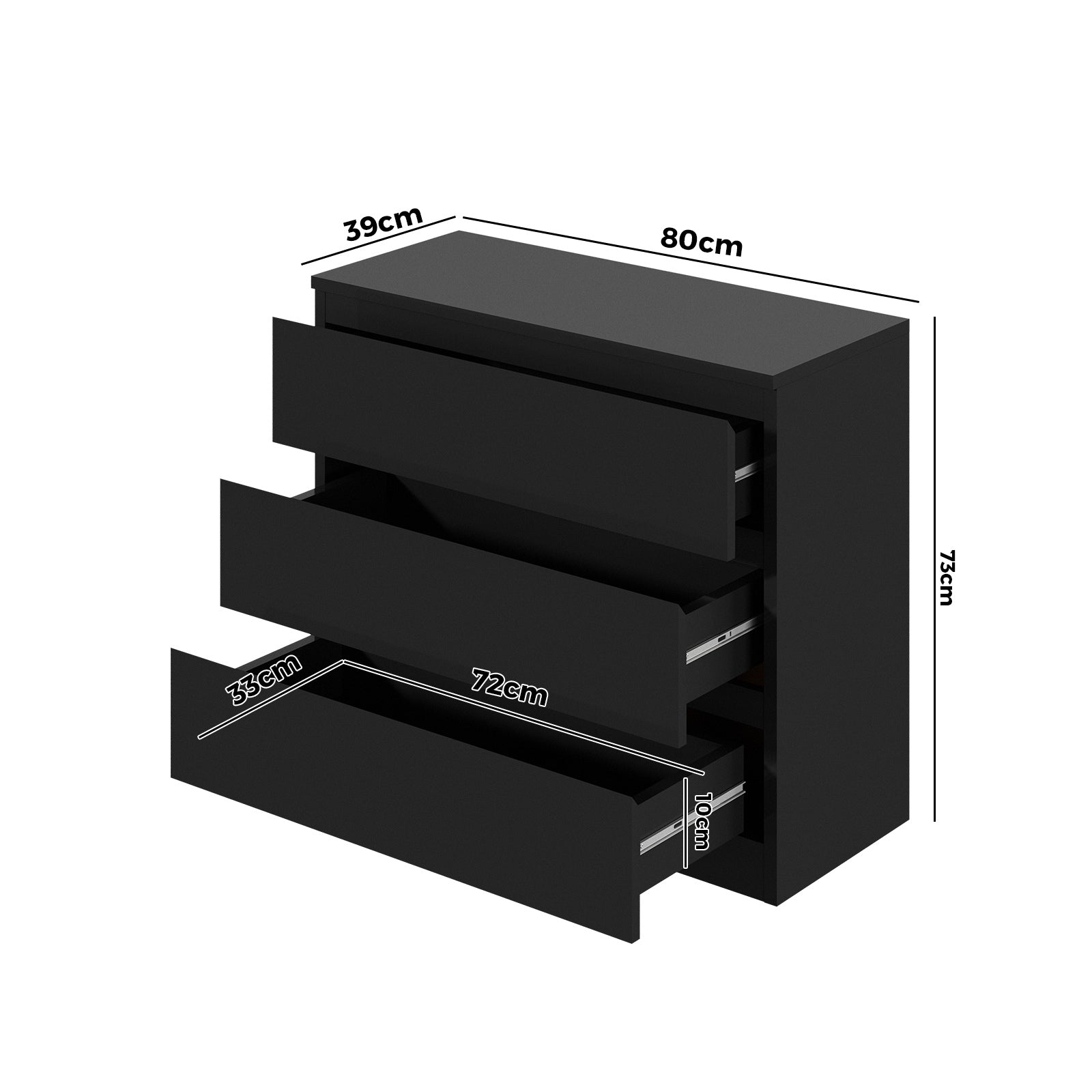 Oikiture 3 Chest of Drawers Lowboy Dresser Table Storage Cabinet Bedroom Black - Sunyee