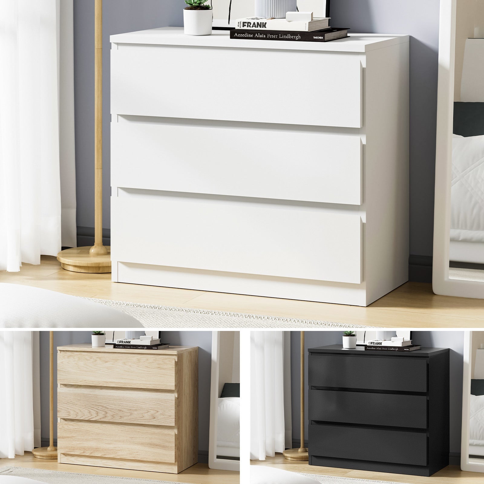 Oikiture 3 Chest of Drawers Lowboy Dresser Table Storage Cabinet Bedroom - Sunyee