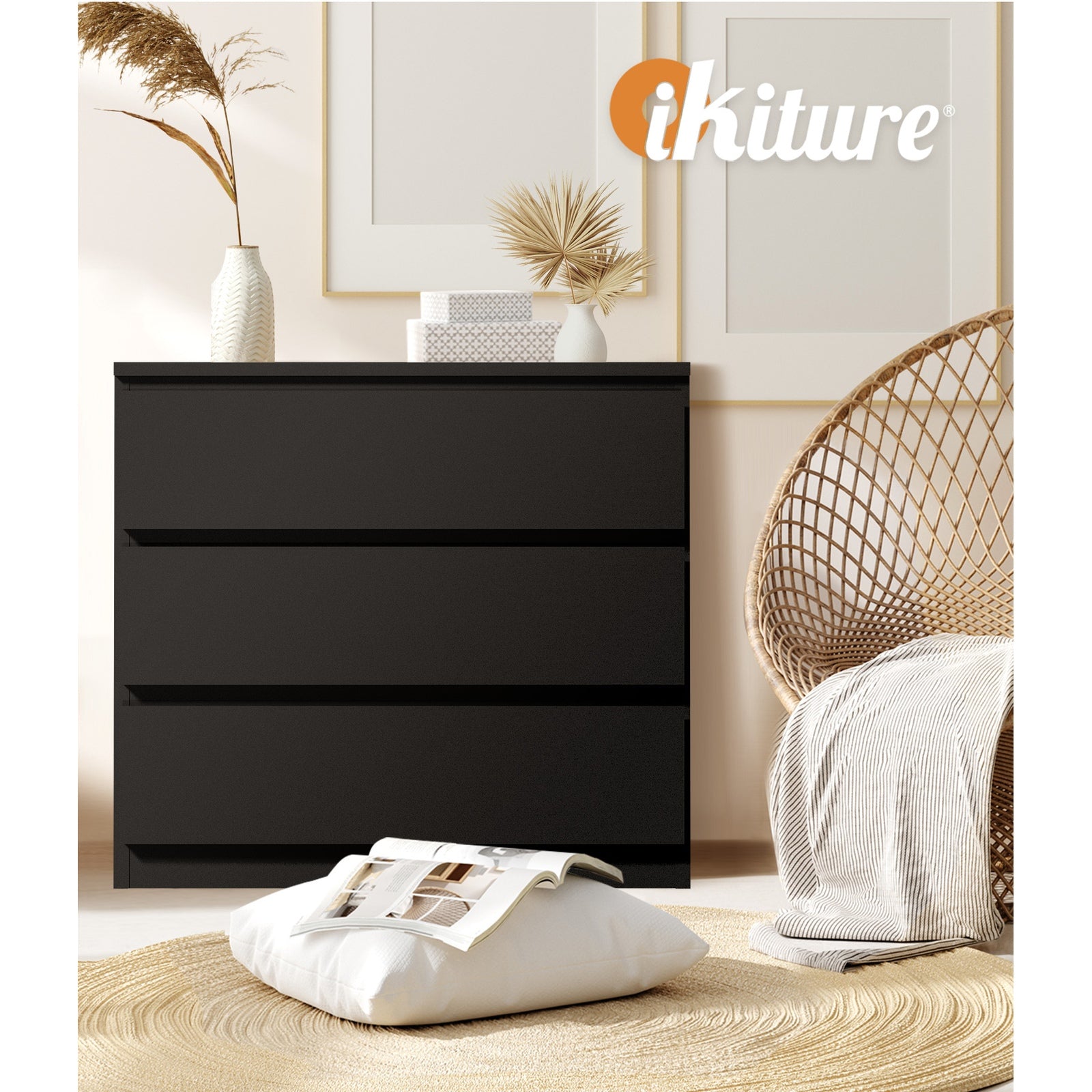 Oikiture 3 Chest of Drawers Lowboy Dresser Table Storage Cabinet Bedroom - Sunyee