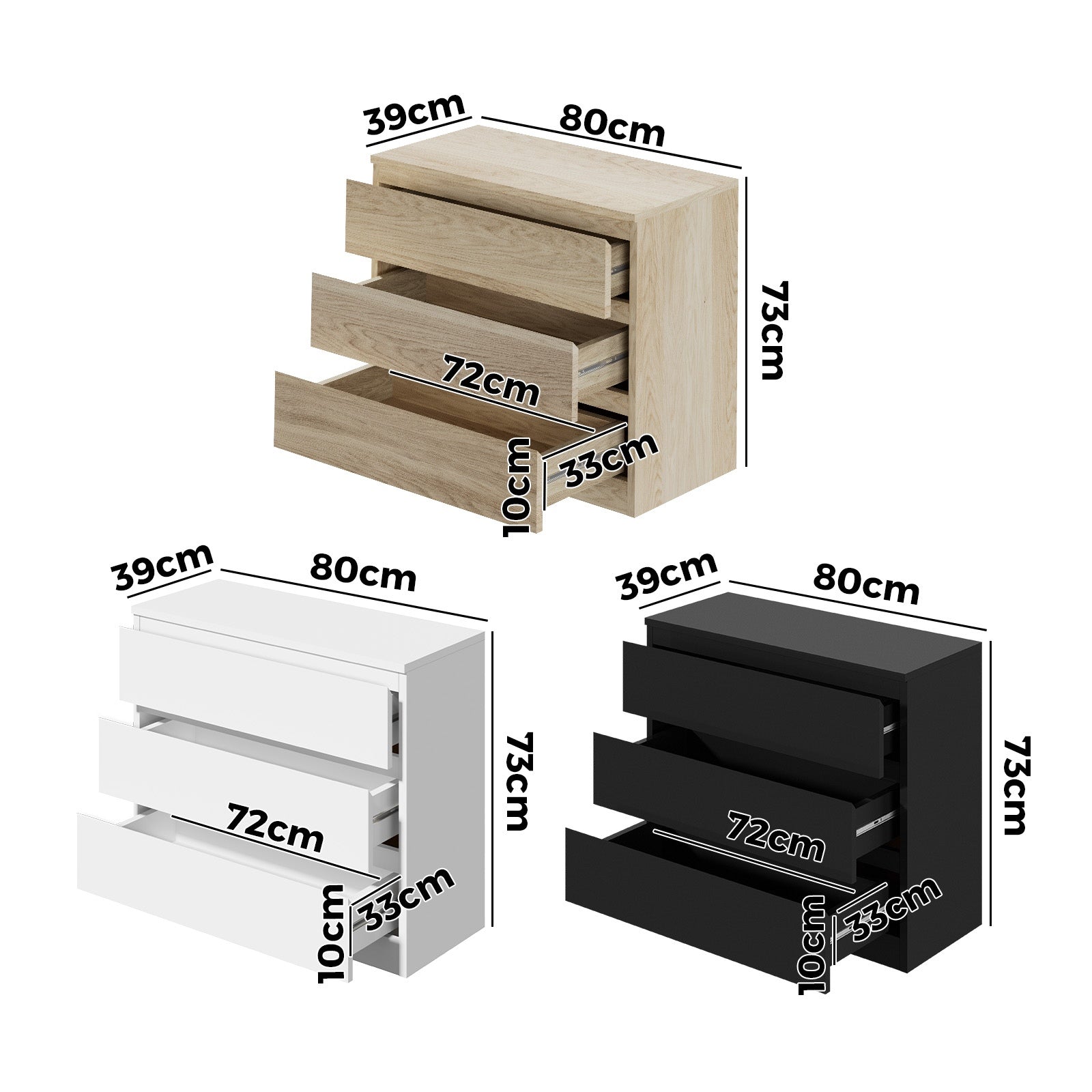 Oikiture 3 Chest of Drawers Lowboy Dresser Table Storage Cabinet Bedroom - Sunyee