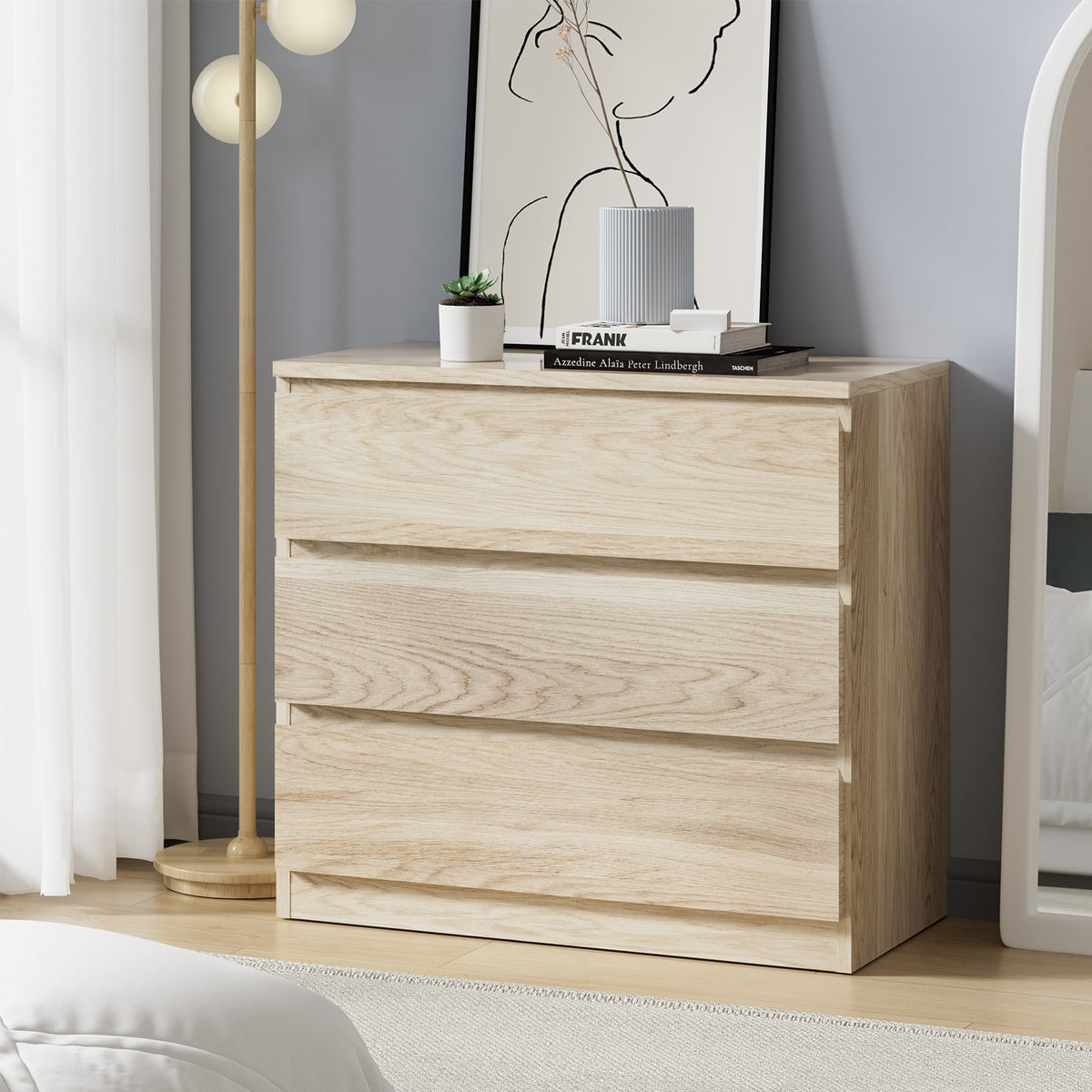 Oikiture 3 Chest of Drawers Lowboy Dresser Table Storage Cabinet Bedroom Natural - Sunyee