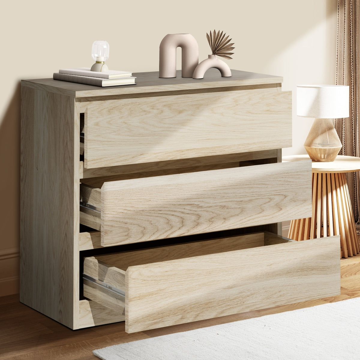 Oikiture 3 Chest of Drawers Lowboy Dresser Table Storage Cabinet Bedroom Natural - Sunyee