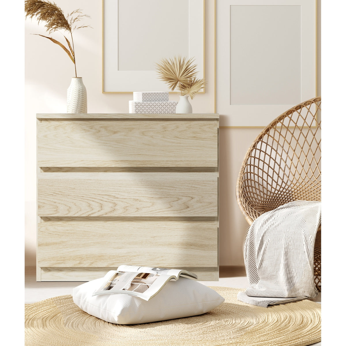 Oikiture 3 Chest of Drawers Lowboy Dresser Table Storage Cabinet Bedroom Natural - Sunyee
