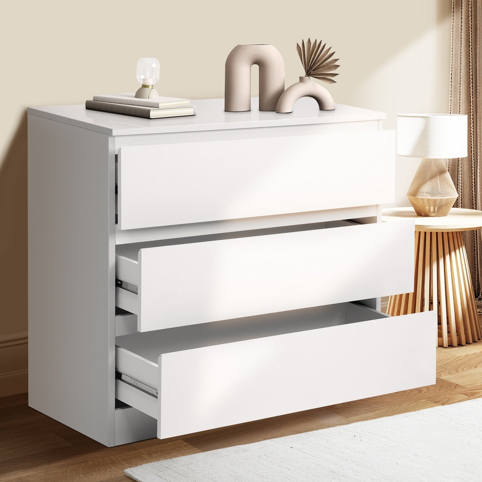 Oikiture 3 Chest of Drawers Lowboy Dresser Table Storage Cabinet Bedroom White - Sunyee