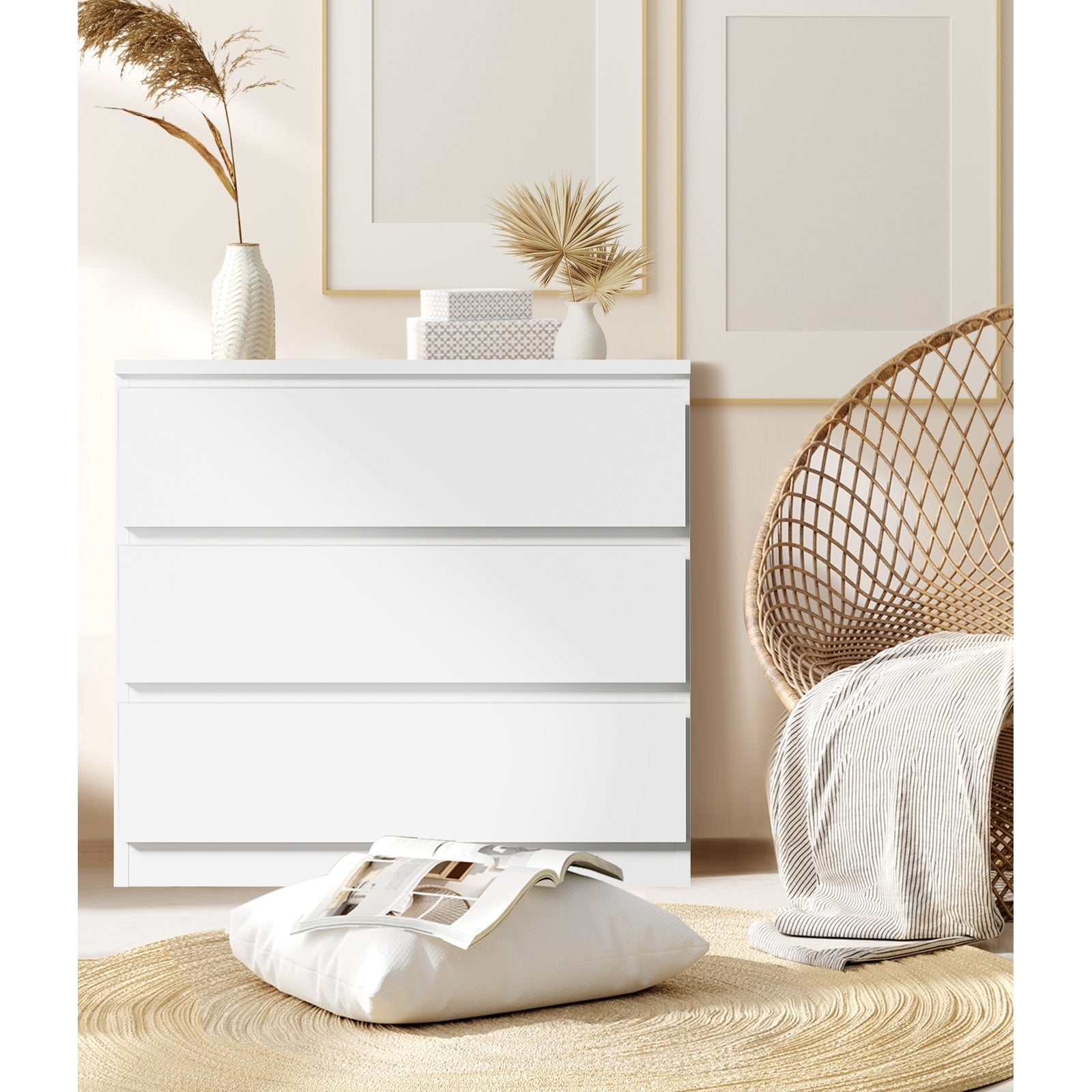 Oikiture 3 Chest of Drawers Lowboy Dresser Table Storage Cabinet Bedroom White - Sunyee