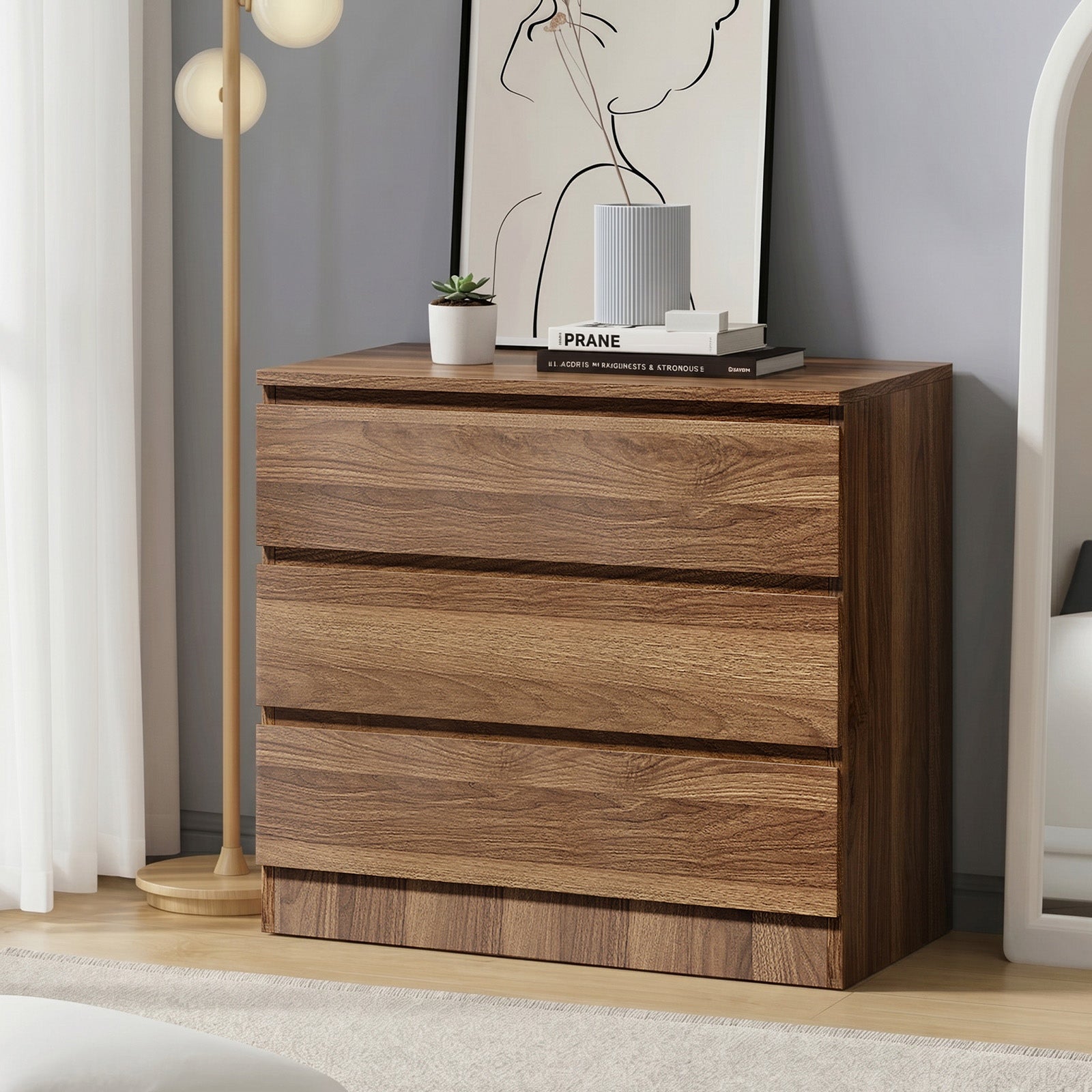 Oikiture 3 Chest of Drawers Lowboy Dresser Table Storage Cabinet Bedroom Walnut