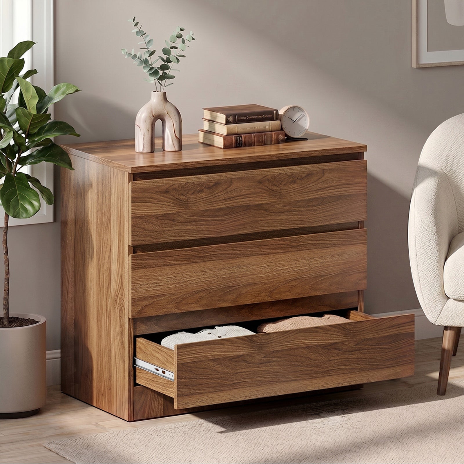 Oikiture 3 Chest of Drawers Lowboy Dresser Table Storage Cabinet Bedroom Walnut