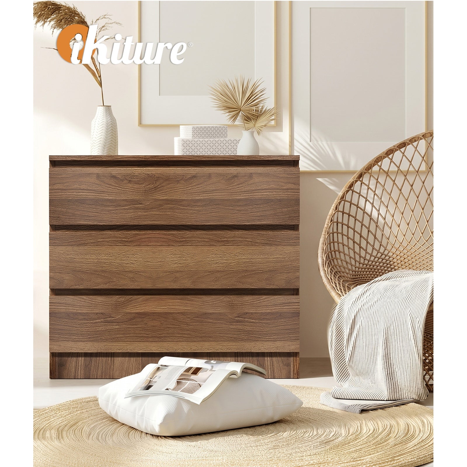 Oikiture 3 Chest of Drawers Lowboy Dresser Table Storage Cabinet Bedroom Walnut