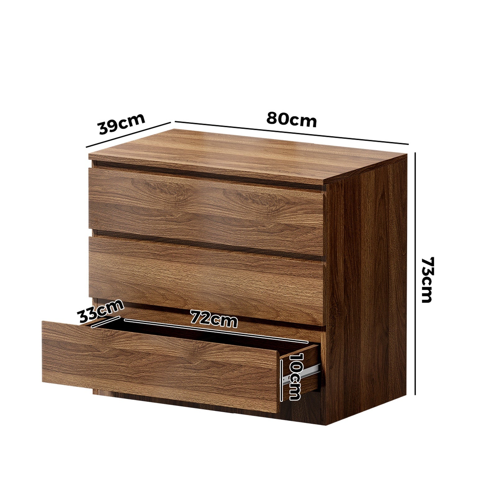 Oikiture 3 Chest of Drawers Lowboy Dresser Table Storage Cabinet Bedroom Walnut
