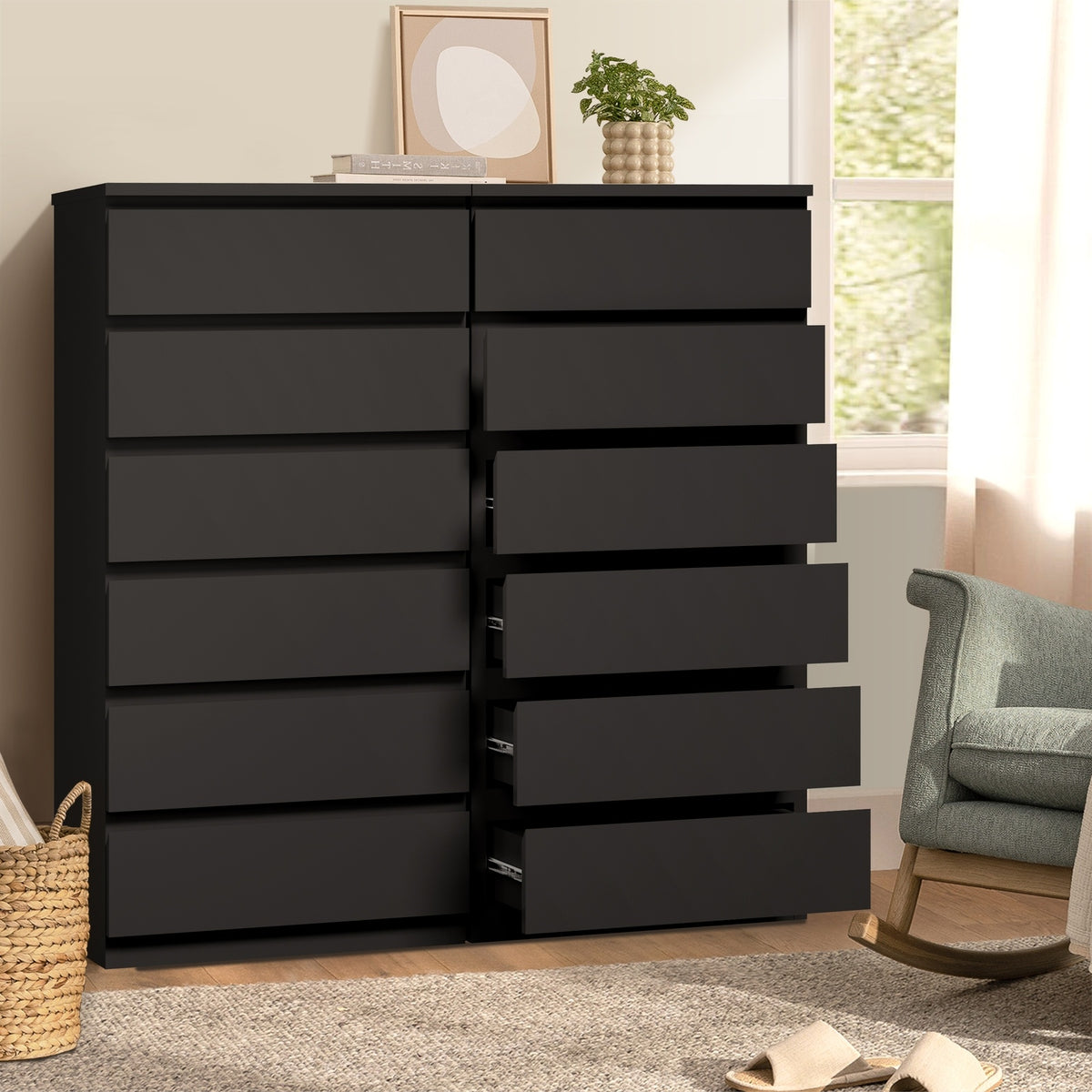Oikiture 6 Chest of Drawers Tallboy Dresser Table Storage Cabinet Bedroom Black - Sunyee