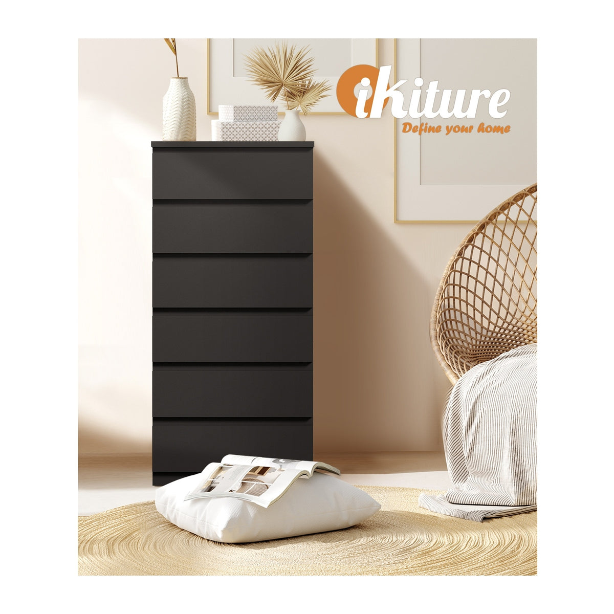 Oikiture 6 Chest of Drawers Tallboy Dresser Table Storage Cabinet Bedroom Black - Sunyee