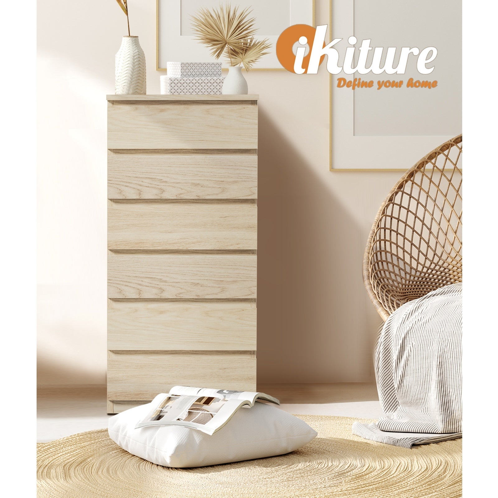 Oikiture 6 Chest of Drawers Tallboy Dresser Table Storage Cabinet Natural - Sunyee