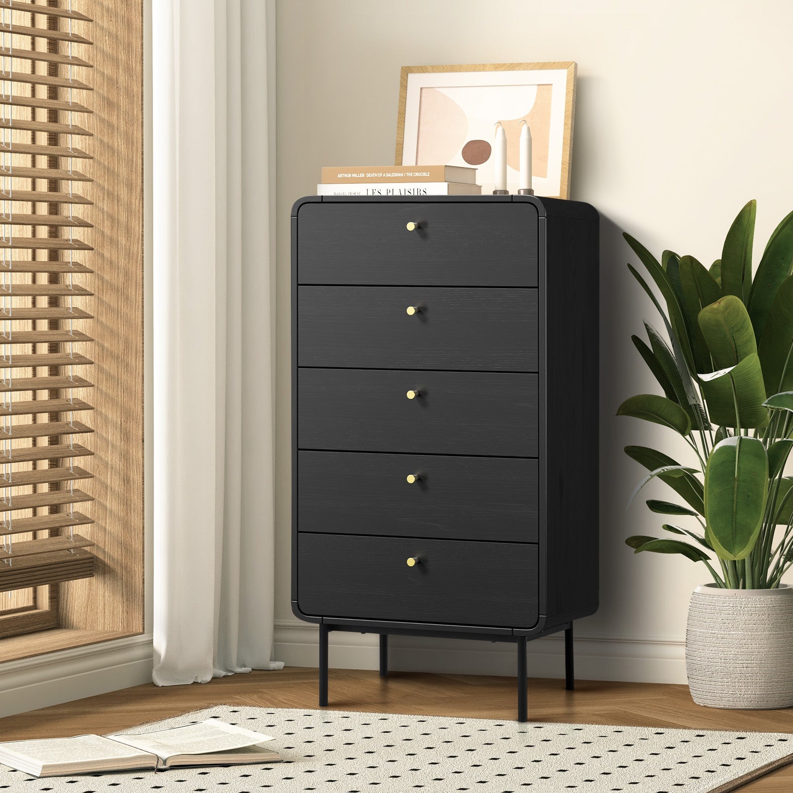 Oikiture 5 Chest of Drawers Tallboy Storage Cabinet Dresser Black - Sunyee