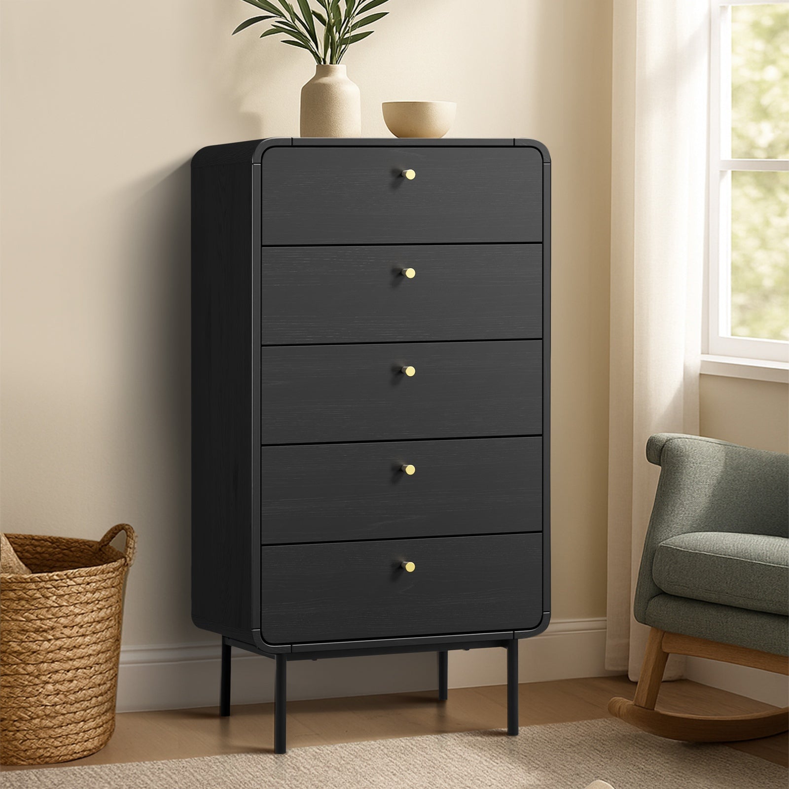 Oikiture 5 Chest of Drawers Tallboy Storage Cabinet Dresser Black - Sunyee