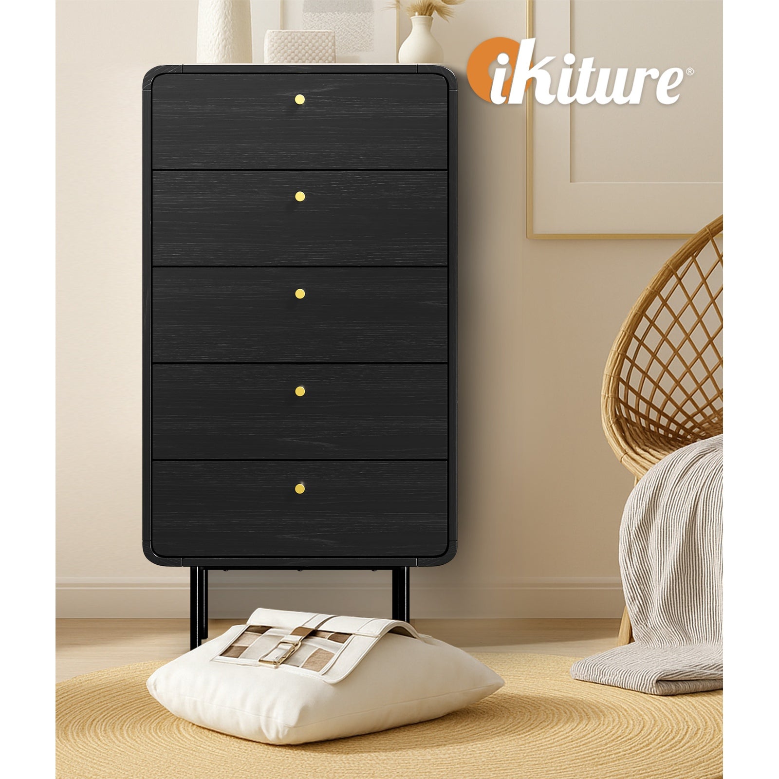 Oikiture 5 Chest of Drawers Tallboy Storage Cabinet Dresser Black - Sunyee