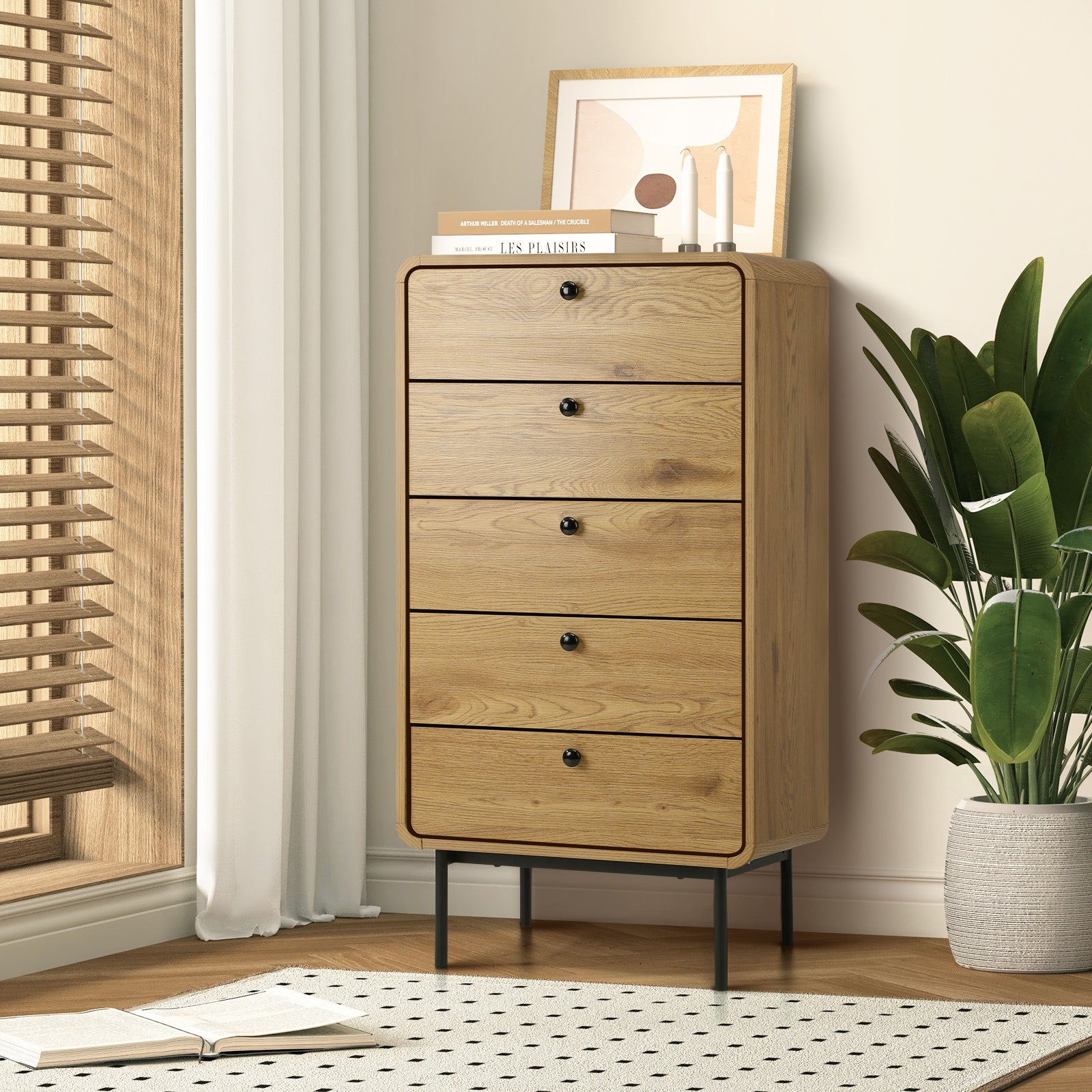 Oikiture 5 Chest of Drawers Tallboy Storage Cabinet Dresser Natural - Sunyee