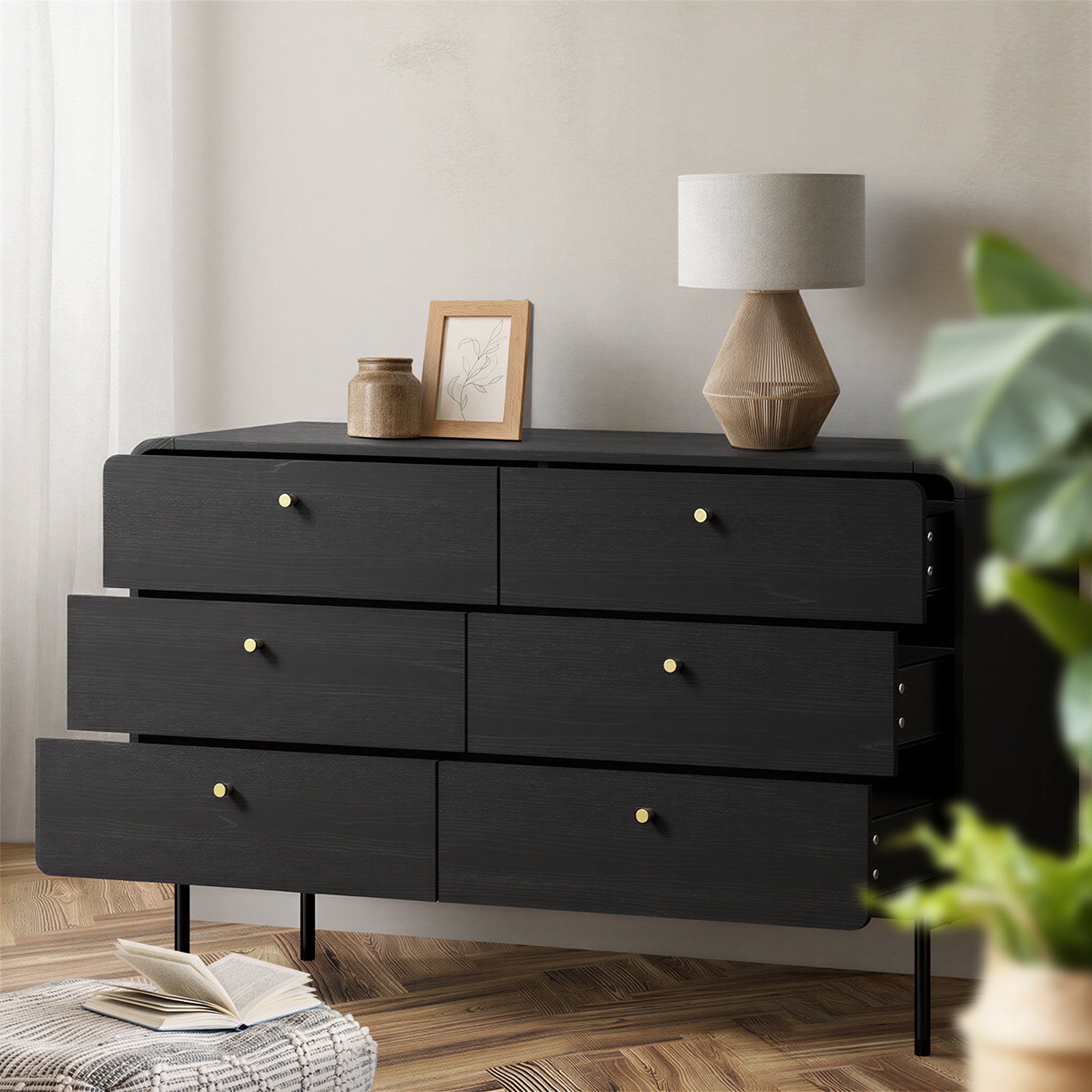 Oikiture 6 Chest of Drawers Tallboy Storage Cabinet Dresser Black - Sunyee