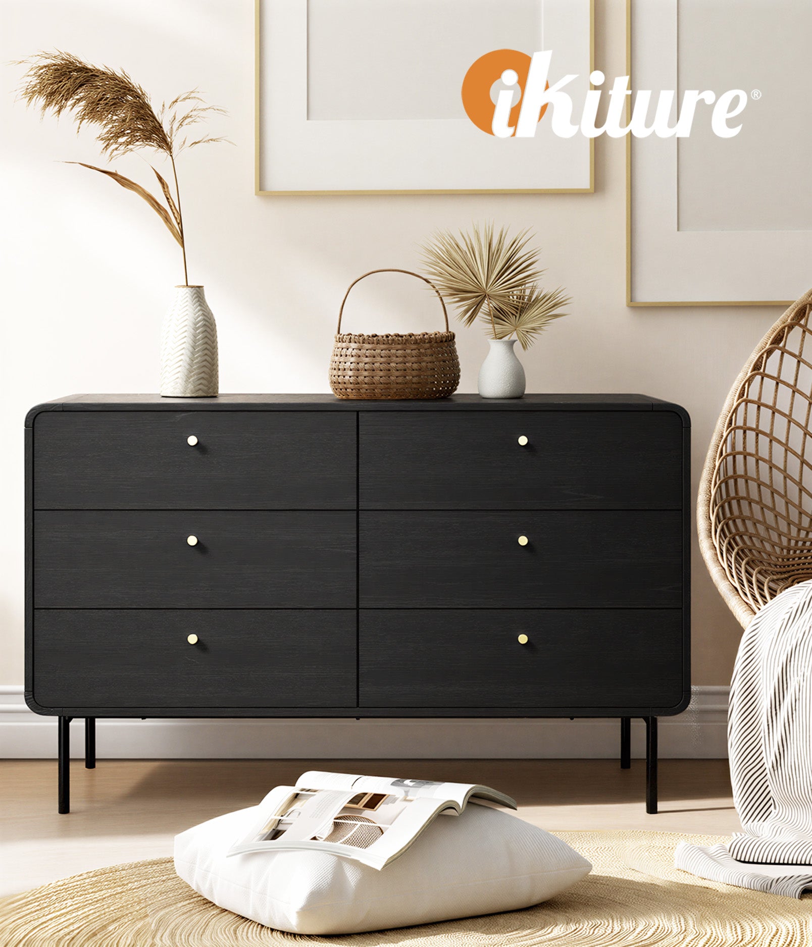 Oikiture 6 Chest of Drawers Tallboy Storage Cabinet Dresser Black - Sunyee