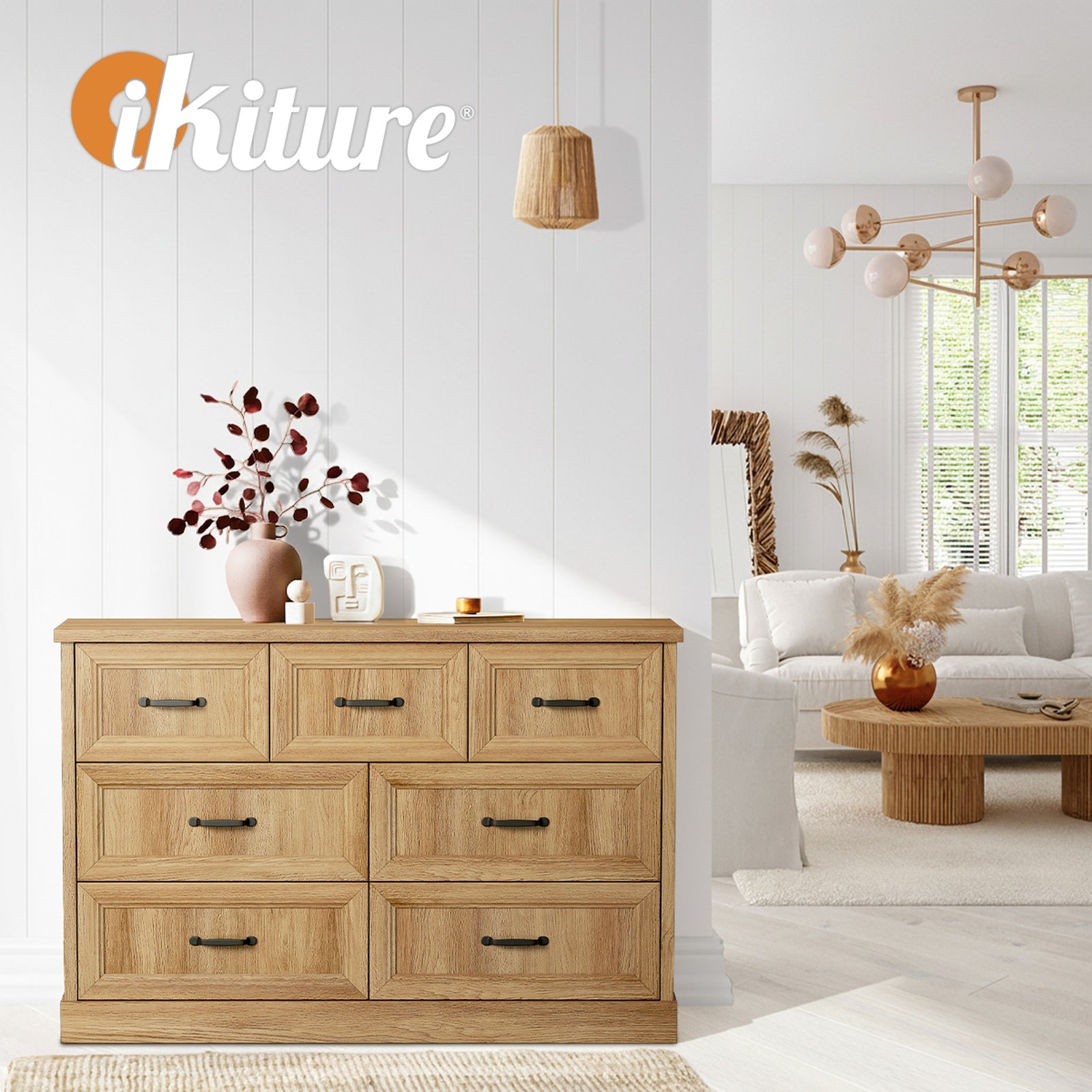 Oikiture 7 Chest of Drawers Bedside Dresser Tallboy Storage Bedroom Natural - Sunyee