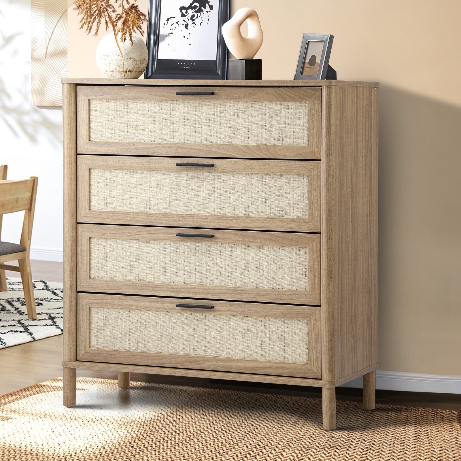 Oikiture 4 Chest of Drawers Dresser Tallboy Storage Cabinet Rattan Natural - Sunyee