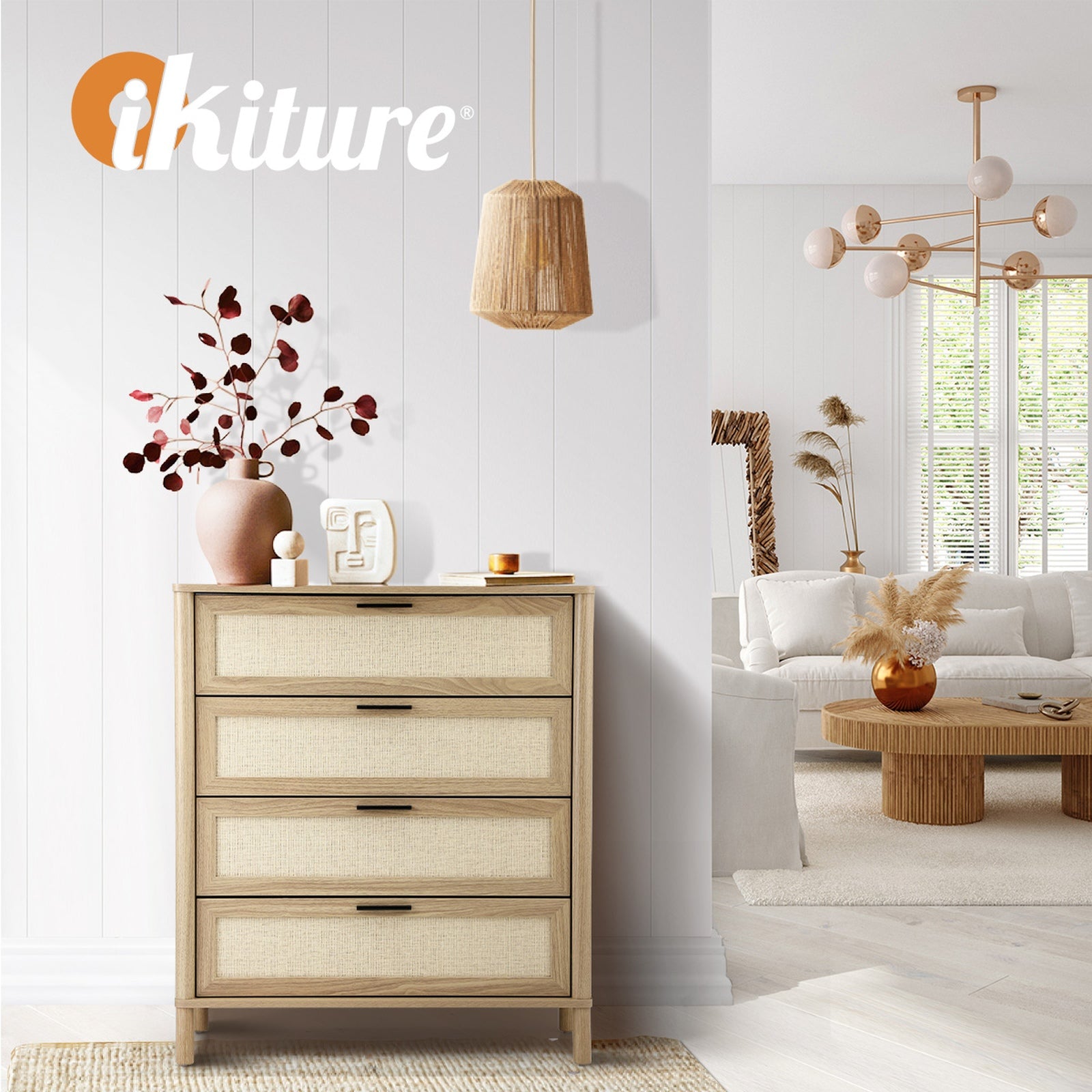 Oikiture 4 Chest of Drawers Dresser Tallboy Storage Cabinet Rattan Natural - Sunyee