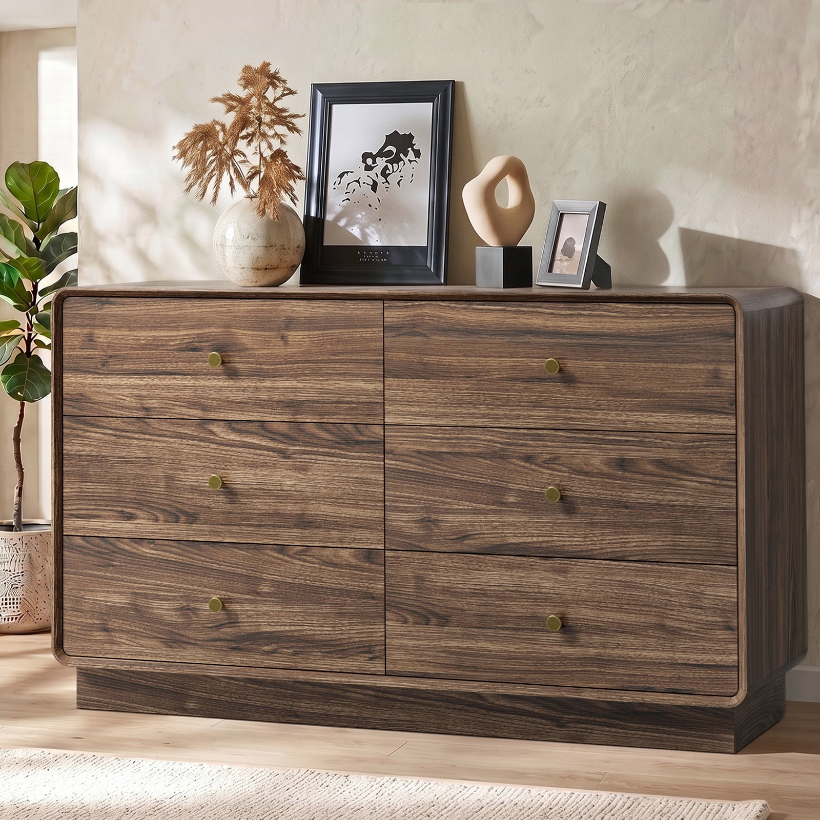 Oikiture 6 Chest Of Drawers Lowboy Storage Dresser Bedroom Living Room Walnut