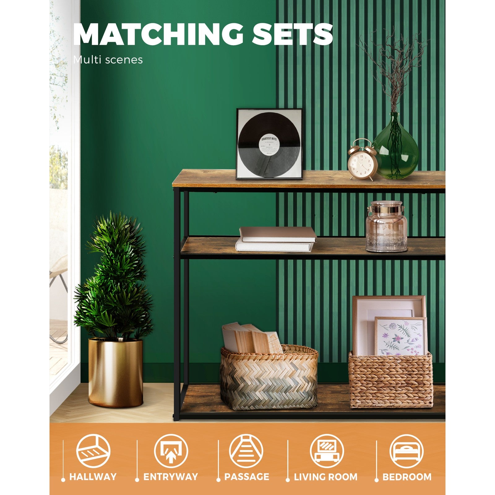 Oikiture Hall Console Table Metal Hallway Desk Entry Display Wooden Furniture - Sunyee