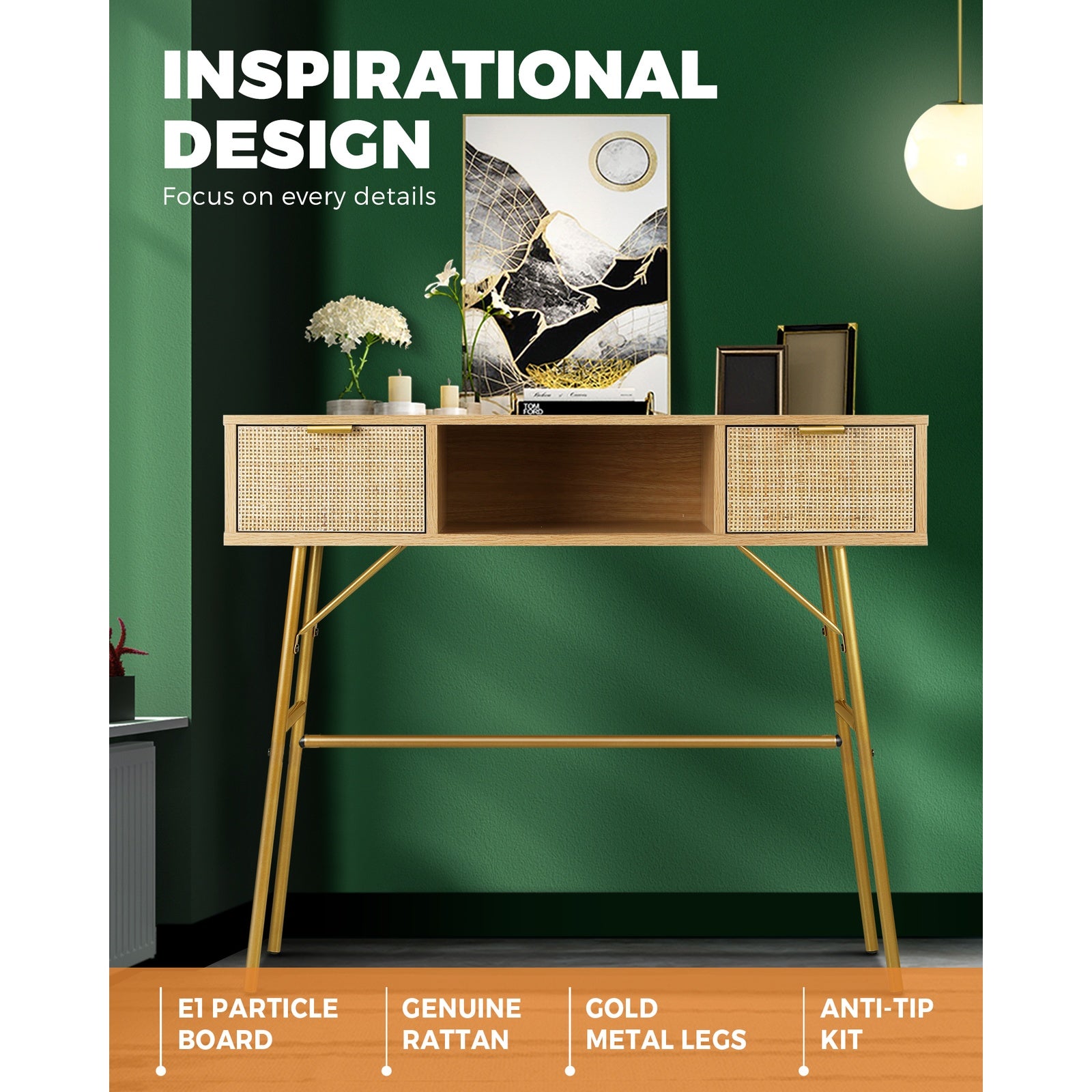 Oikiture Rattan Hall Console Table Hallway Side Desk Entry Display Furniture - Sunyee