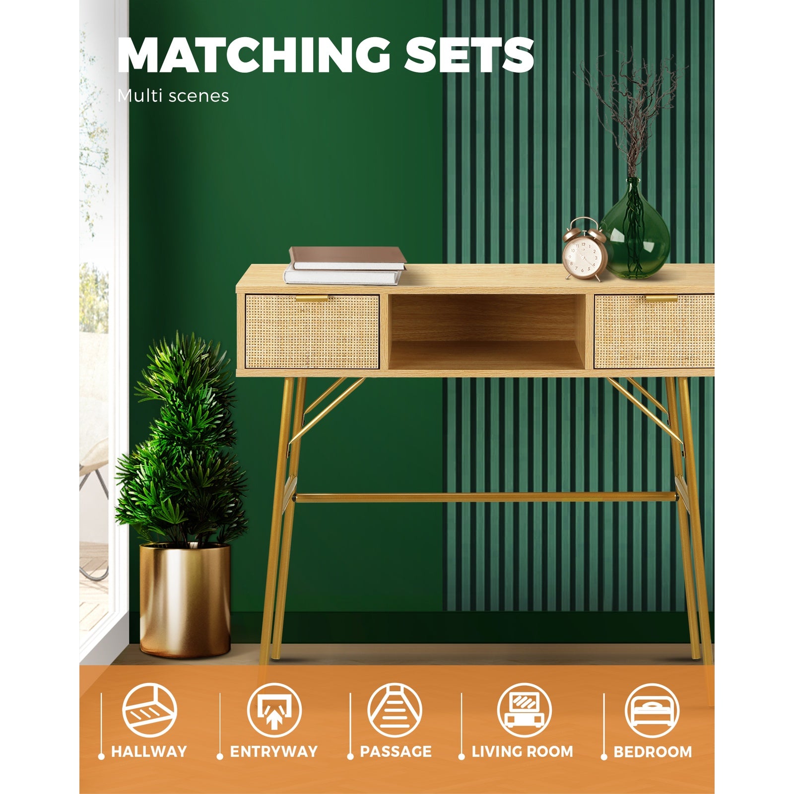 Oikiture Rattan Hall Console Table Hallway Side Desk Entry Display Furniture - Sunyee