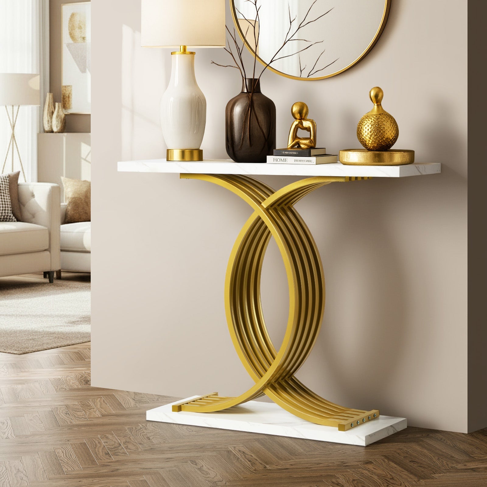 Oikiture Console Table Hallway Marble Effect Coffee Narrow Side Desk White&Gold - Sunyee