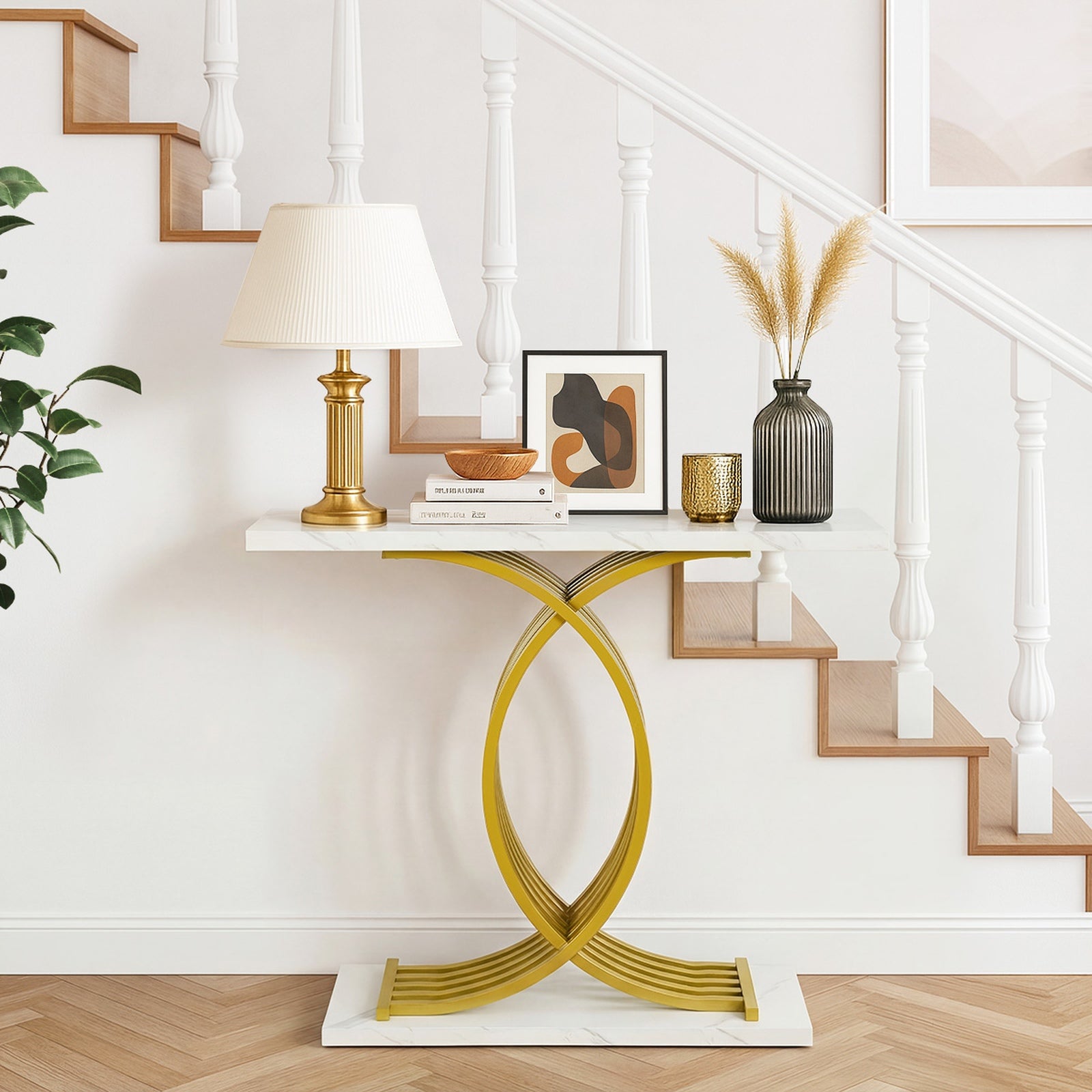 Oikiture Console Table Hallway Marble Effect Coffee Narrow Side Desk White&Gold - Sunyee