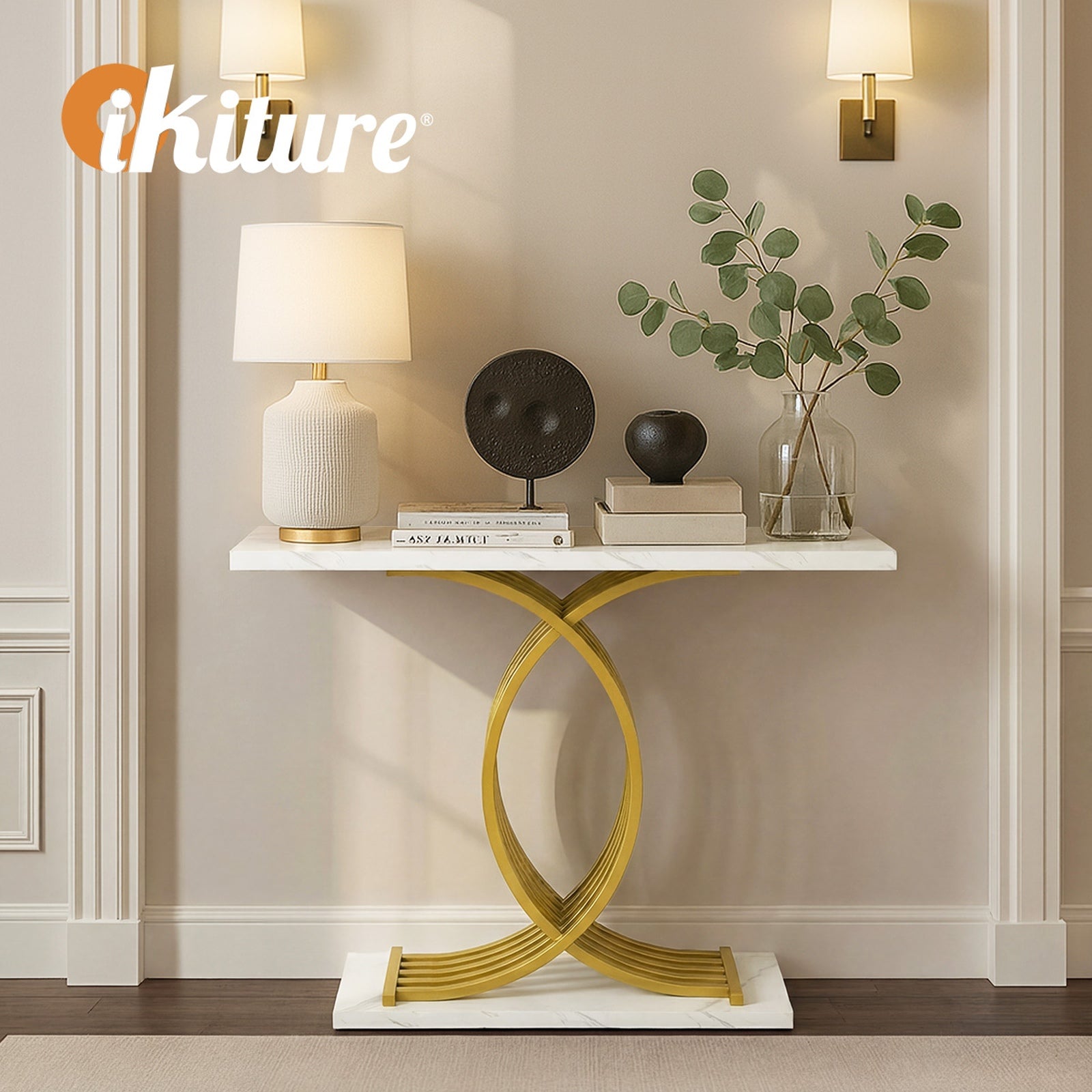 Oikiture Console Table Hallway Marble Effect Coffee Narrow Side Desk White&Gold - Sunyee